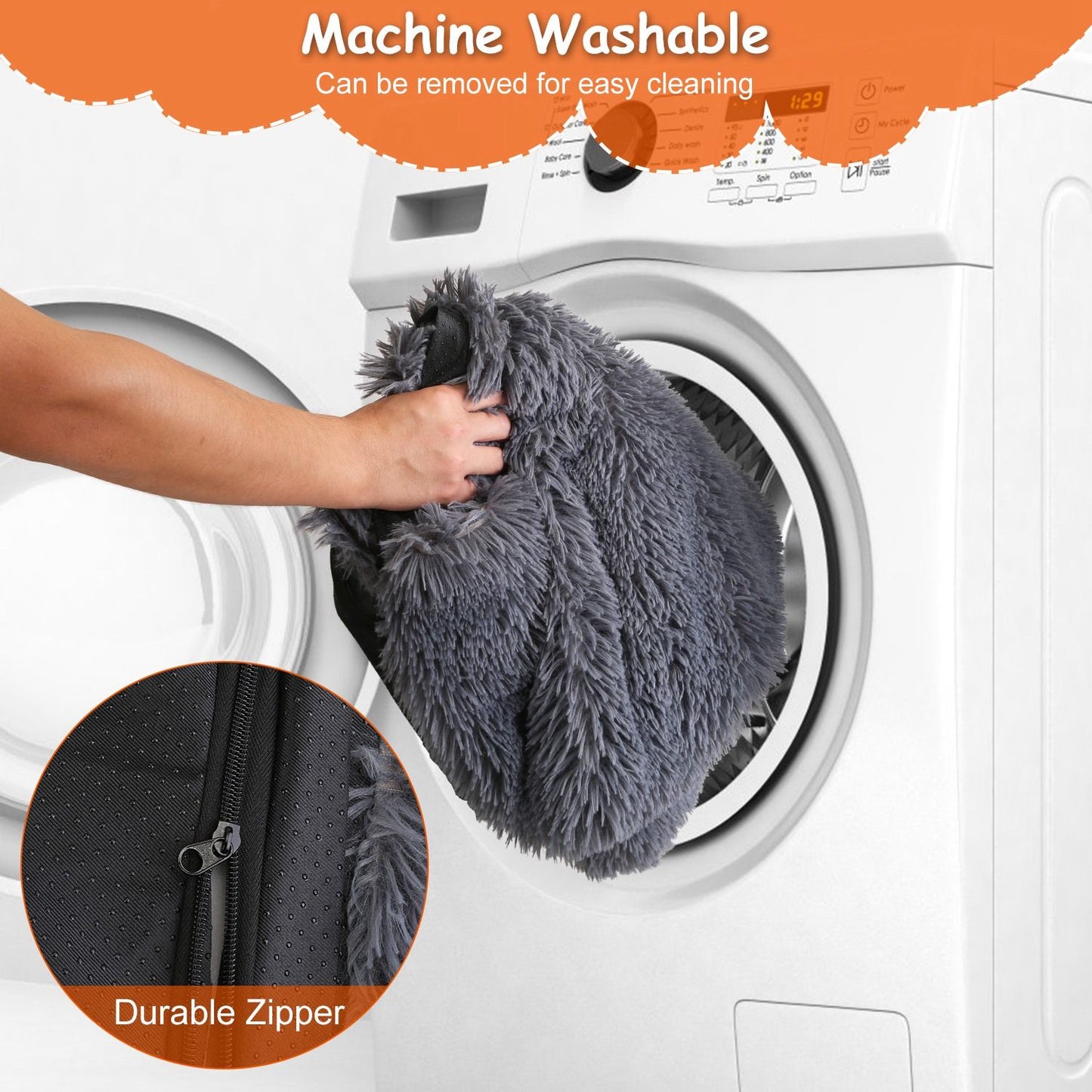 Removable cover being put into a washer with inset showing the mat's durable zipper