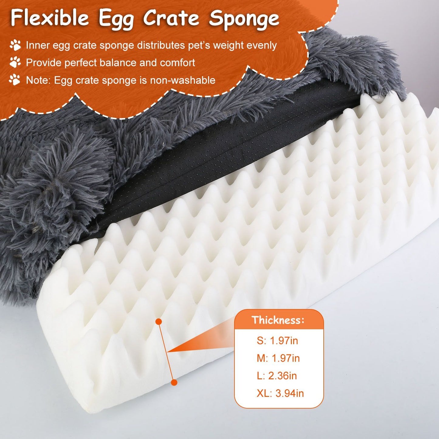 Egg-crate foam removed beside the grey plush cover with thickness callouts for different sizes
