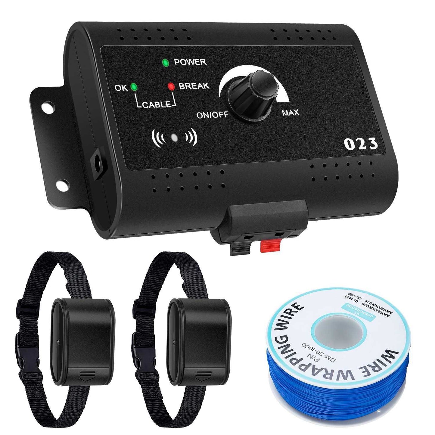 Wall-mounted transmitter with two collar receivers and a small spool of blue wire