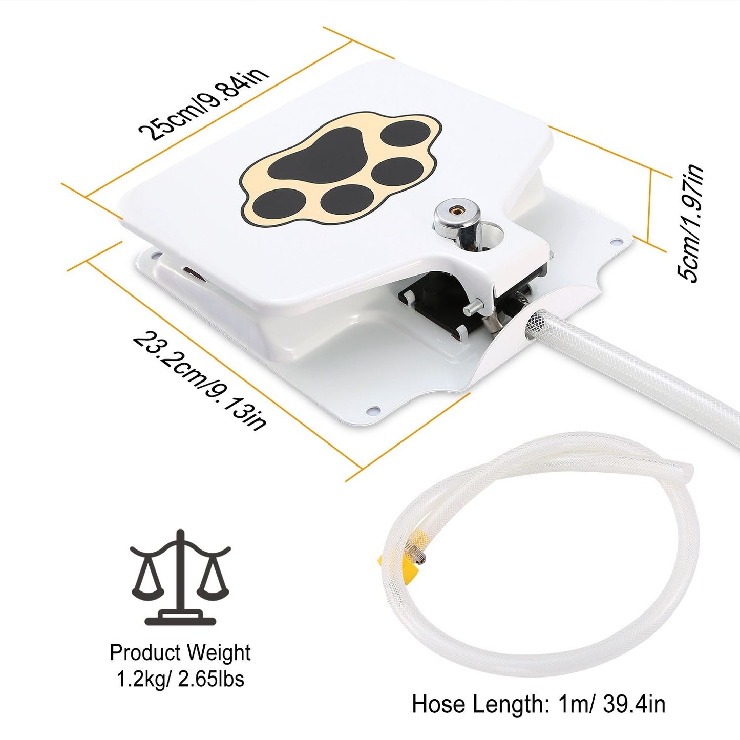 Dimensions and hose length of the white step-on dog water fountain
