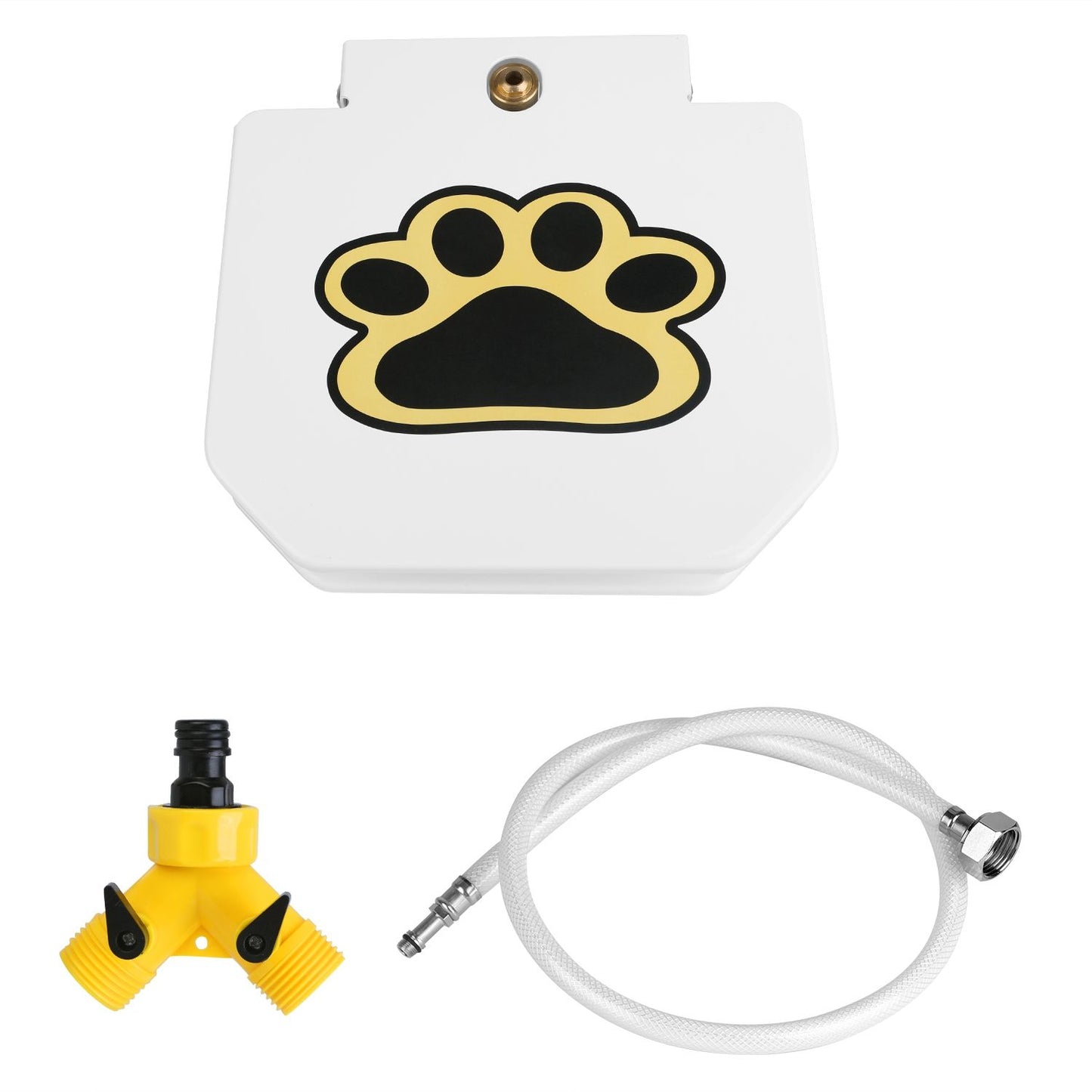 Fountain unit with hose and yellow two-way splitter laid out to show included accessories