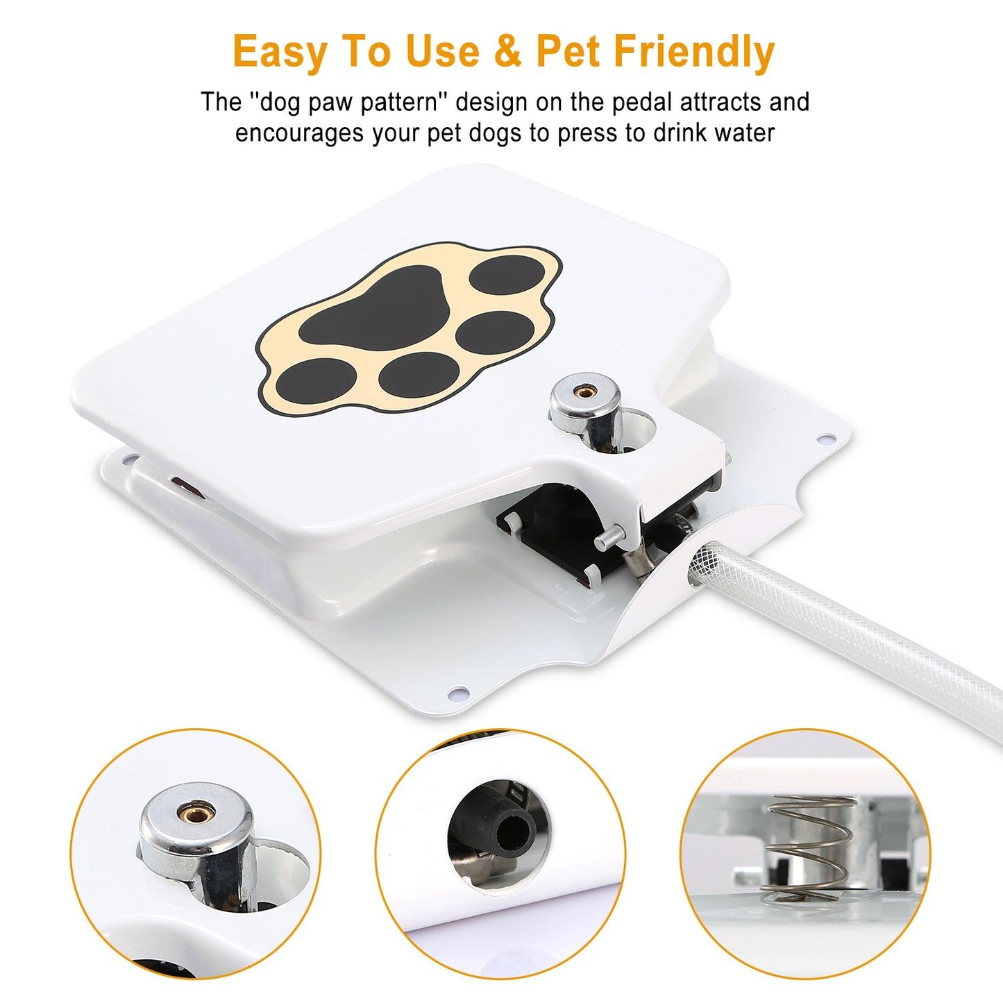 White paw-decal pedal fountain showing hose connection and metal nozzle