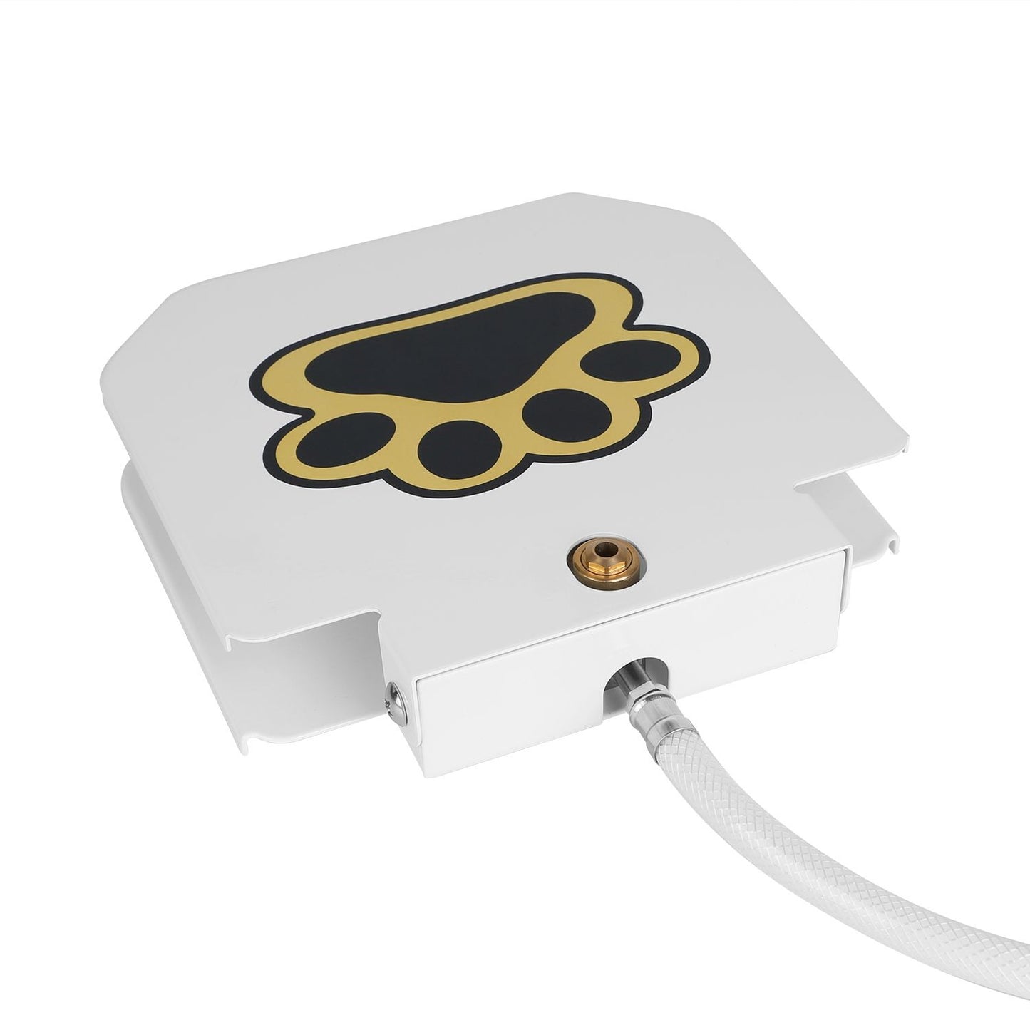 Elevated close-up of white metal paw-decal fountain with brass nozzle and hose connector