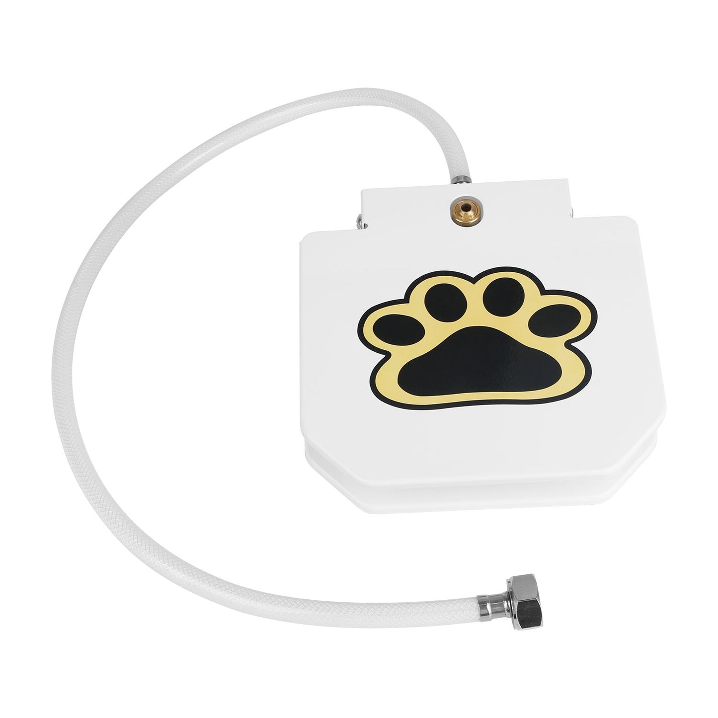 Top-down view of paw-decal fountain with attached coiled transparent hose
