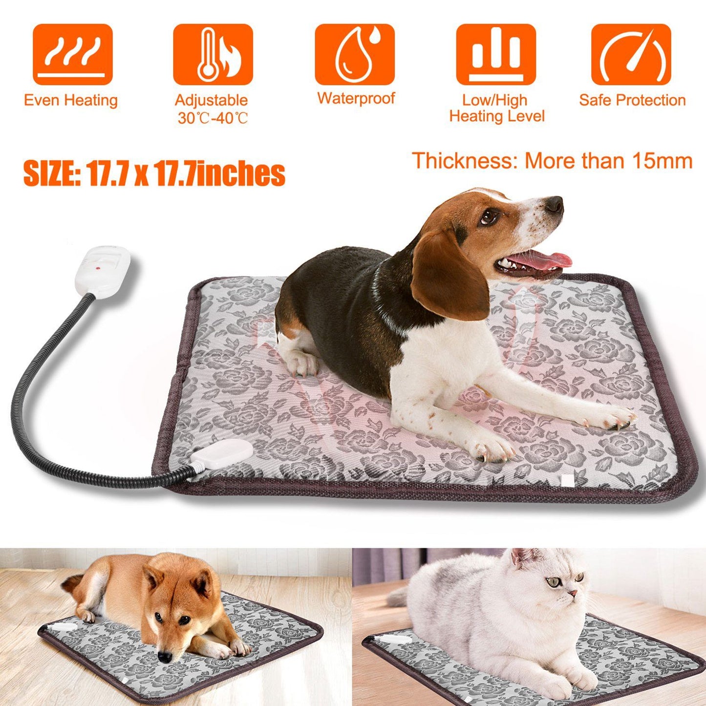 Gray floral 17.7 x 17.7in pet heating pad with cord and controller and a dog lying on it