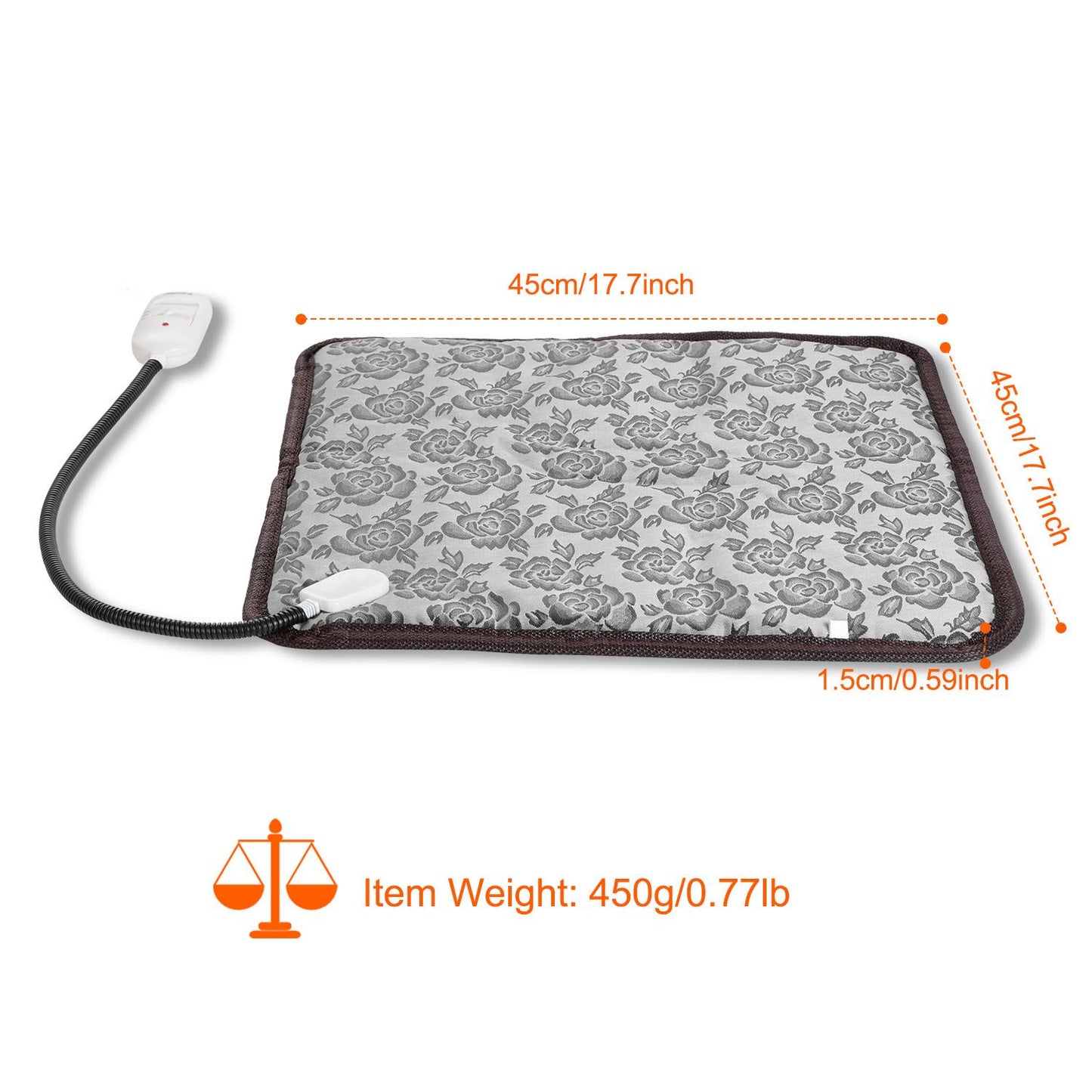 Flat pet heating pad with cord and controller annotated 45cm x 45cm and 1.5cm thickness