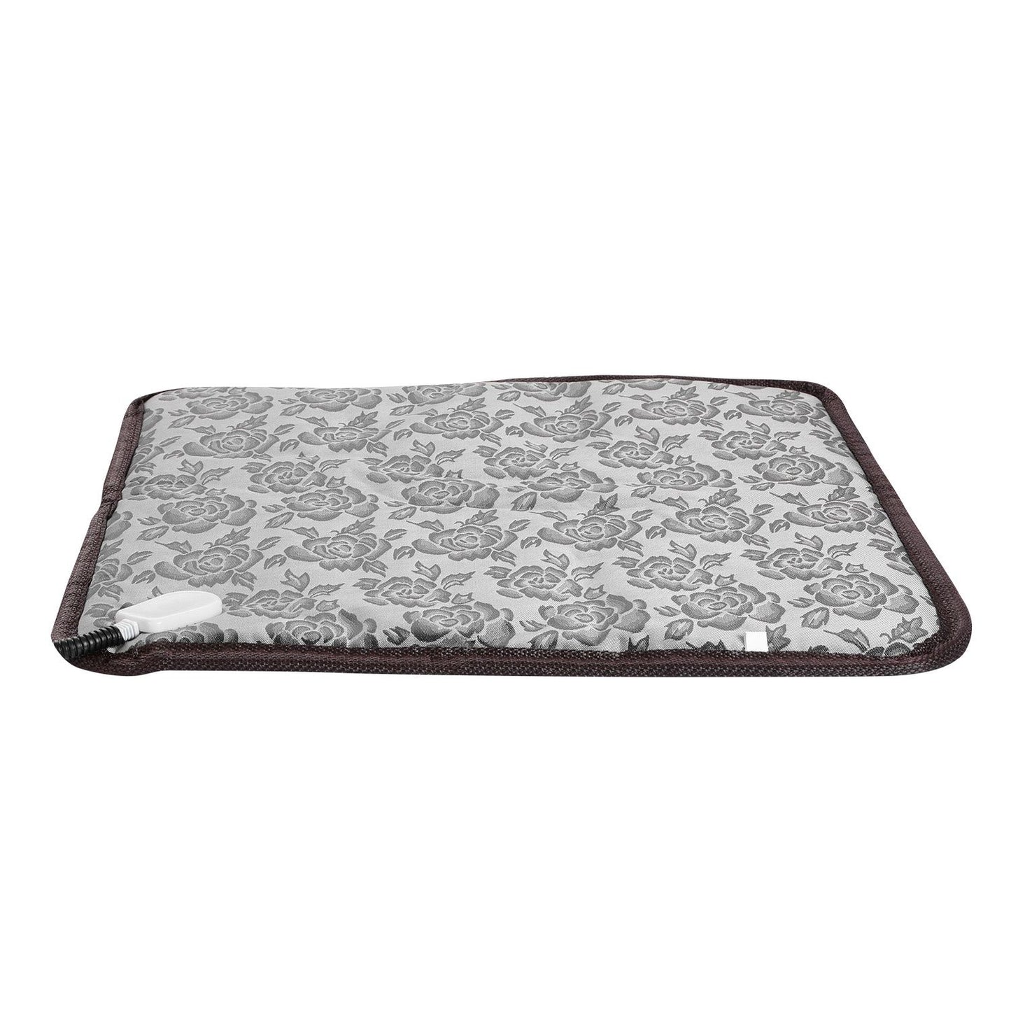 Isolated gray floral pet heating pad with brown trim and attached power cord on white background