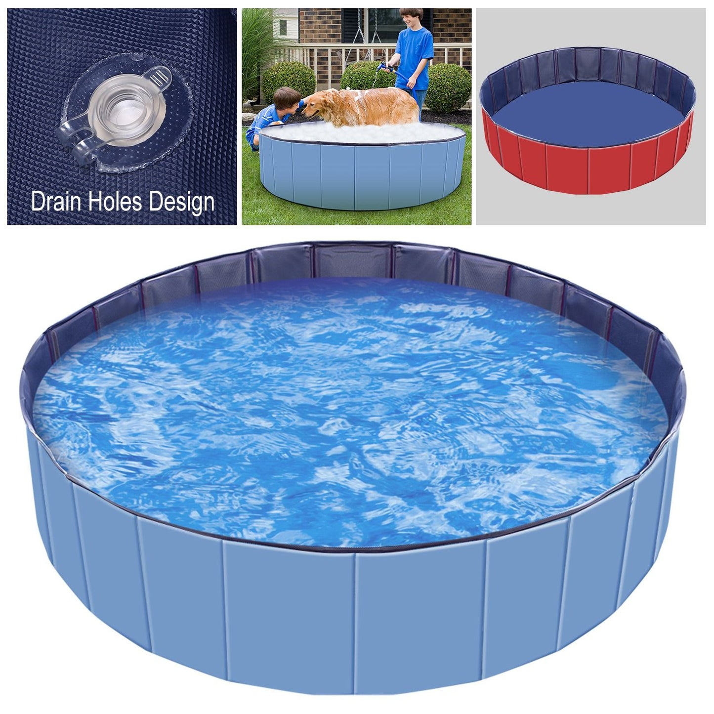 Close-up of drain valve and textured pool bottom with assembled blue pool below