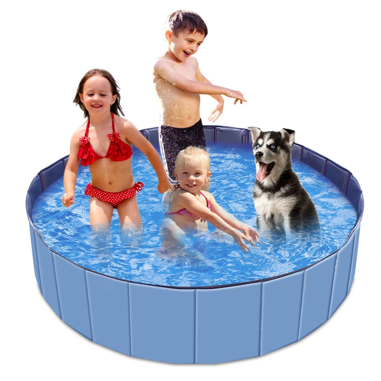 Blue pool filled with water and children playing with a puppy to show size and shallow depth for supervised play