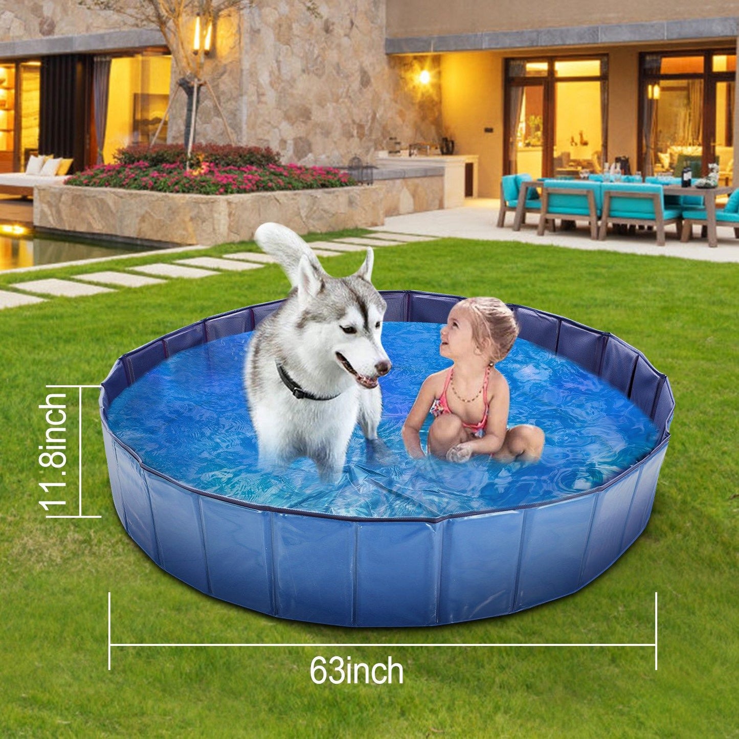 Blue outdoor pet pool on grass with golden retriever sitting inside and rippling water