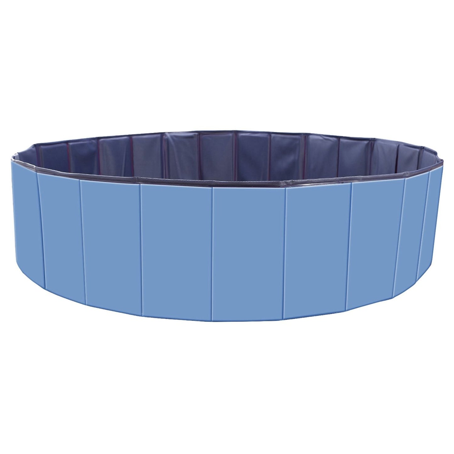 Child and husky in blue pool outdoors with measurement markings to indicate depth and scale