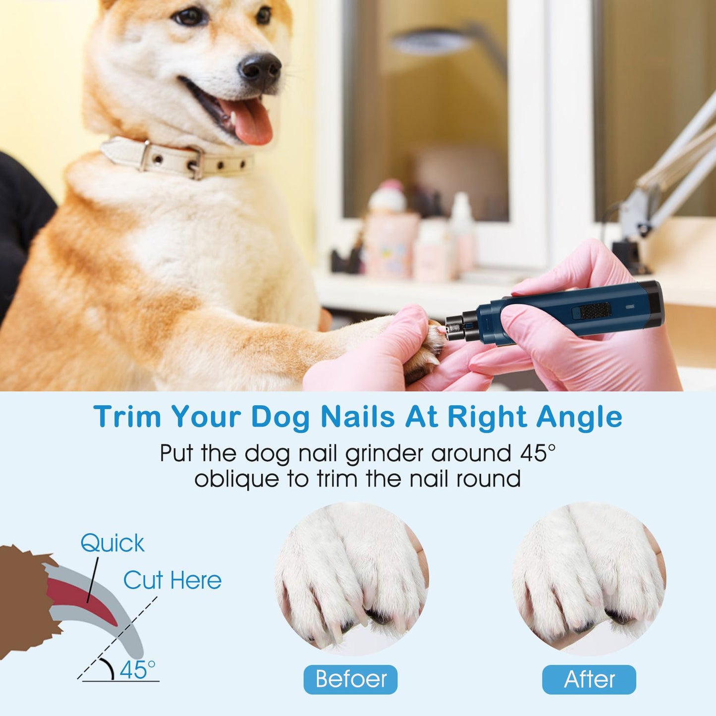 Diagram showing 45° trimming angle and before and after rounded pet nails