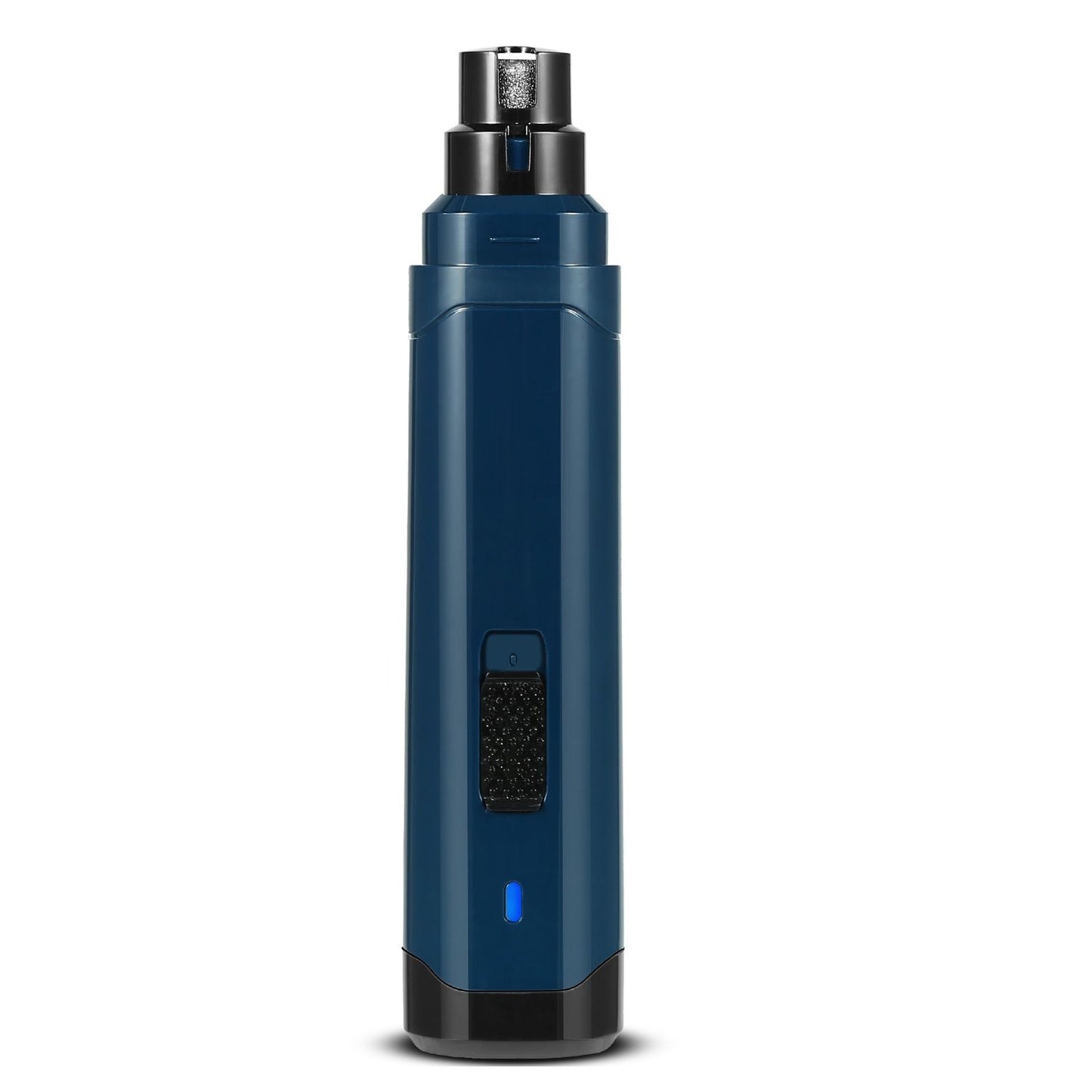 Studio product shot of deep blue rechargeable pet nail grinder upright on white background