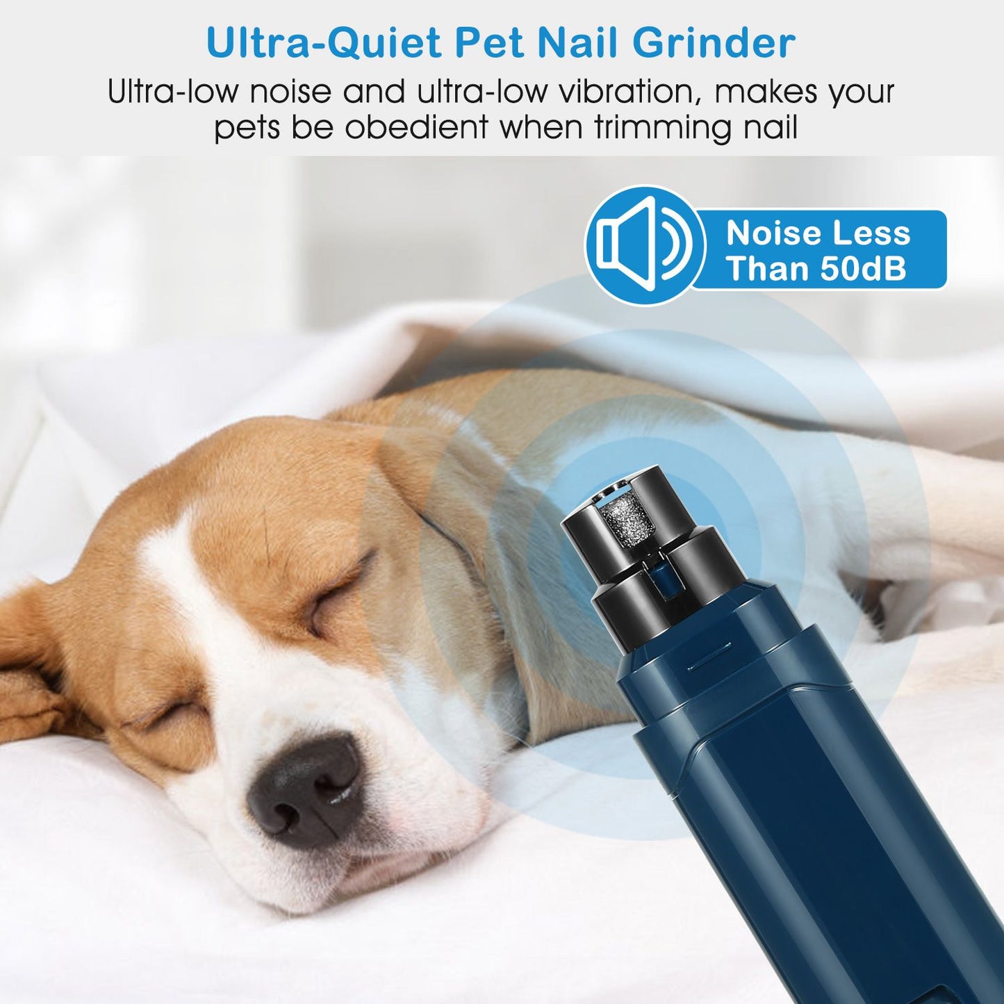 Pet nail grinder shown near sleeping dog emphasizing ultra-quiet operation under 50 dB
