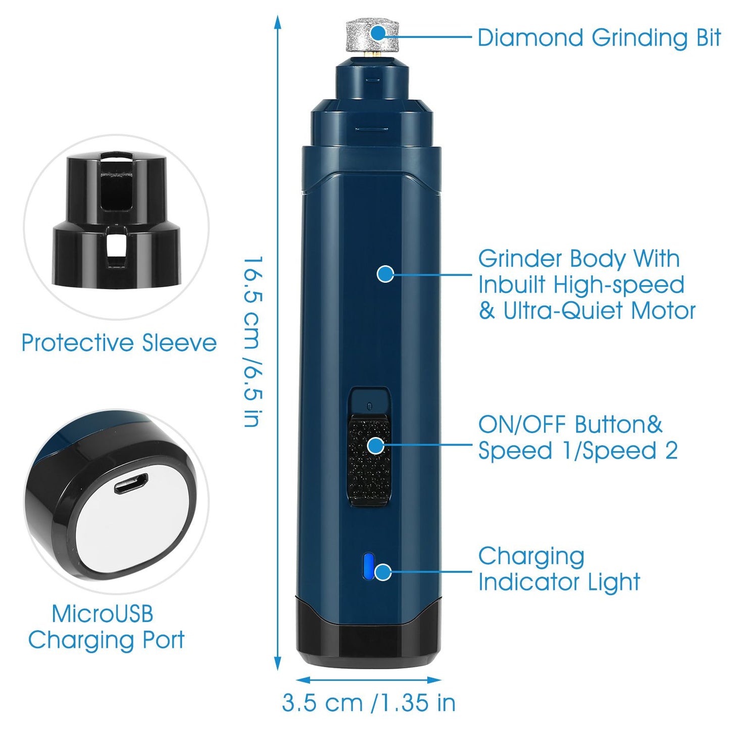 Front view of grinder with dimensions, speed switch, charging light and protective sleeve