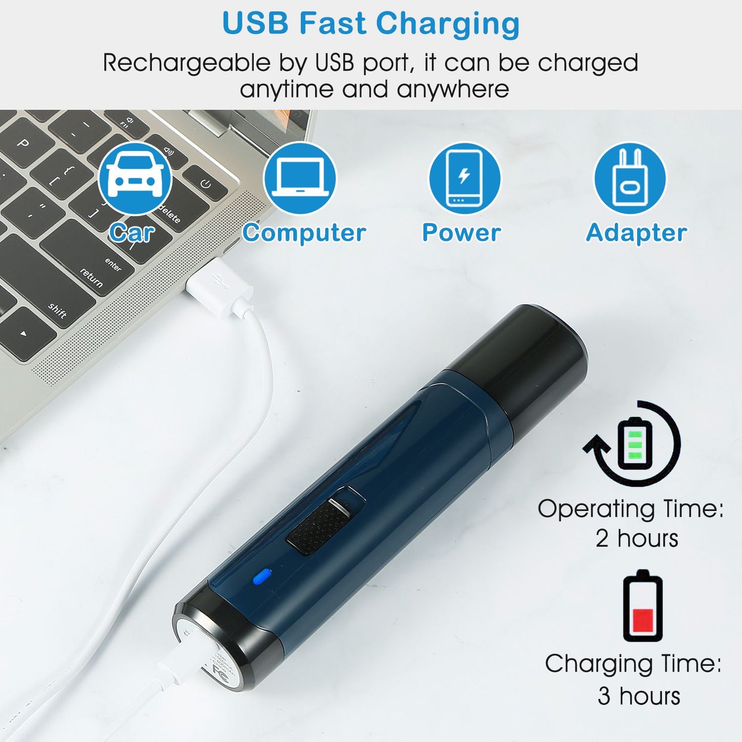 Pet nail grinder charging via USB cable with laptop, microUSB port and LED indicator