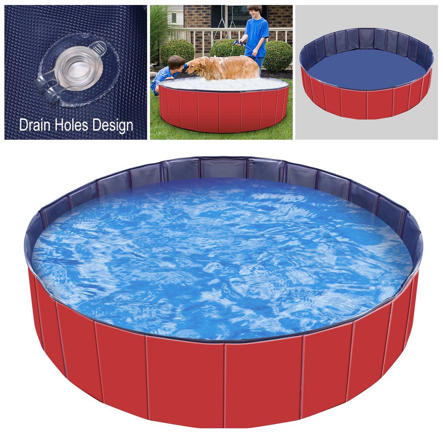 Red foldable pet pool filled with water, navy interior, low walls and textured bottom