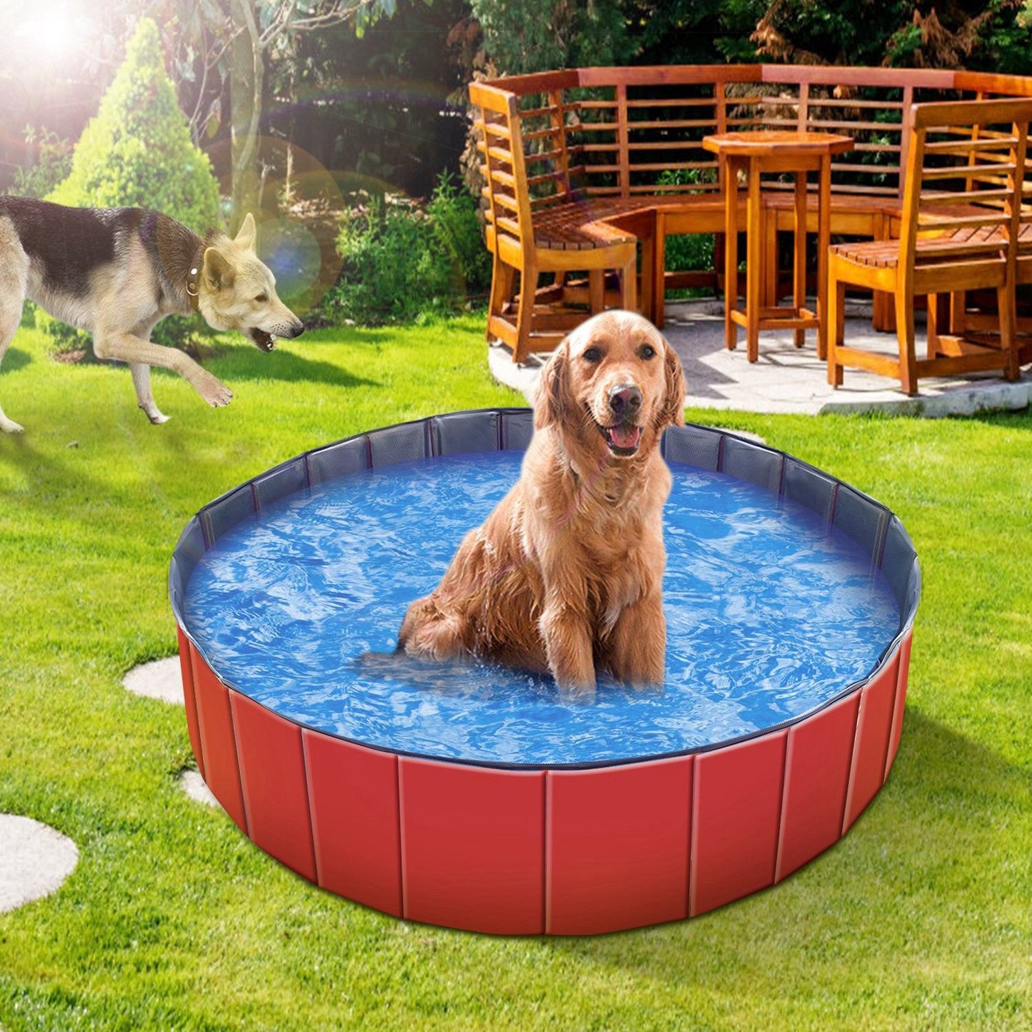 Collage of pool uses: dog bath, ball pit and kids playing with a central safety reminder