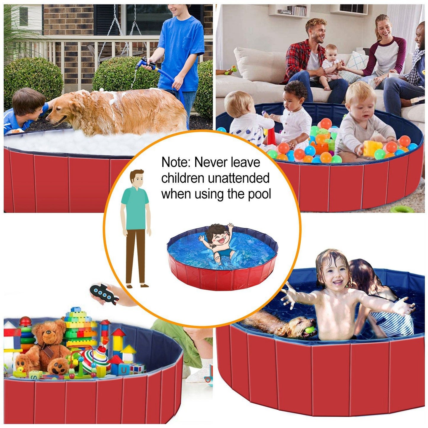 Pool shown with grooming inset and small assembled pool inset, advising nail trimming to avoid damage