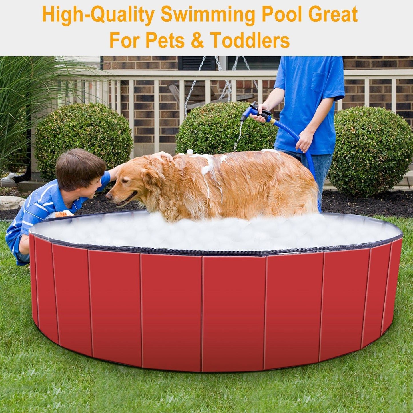 Red portable pet pool in lawn with dog sitting inside showing reinforced side panels
