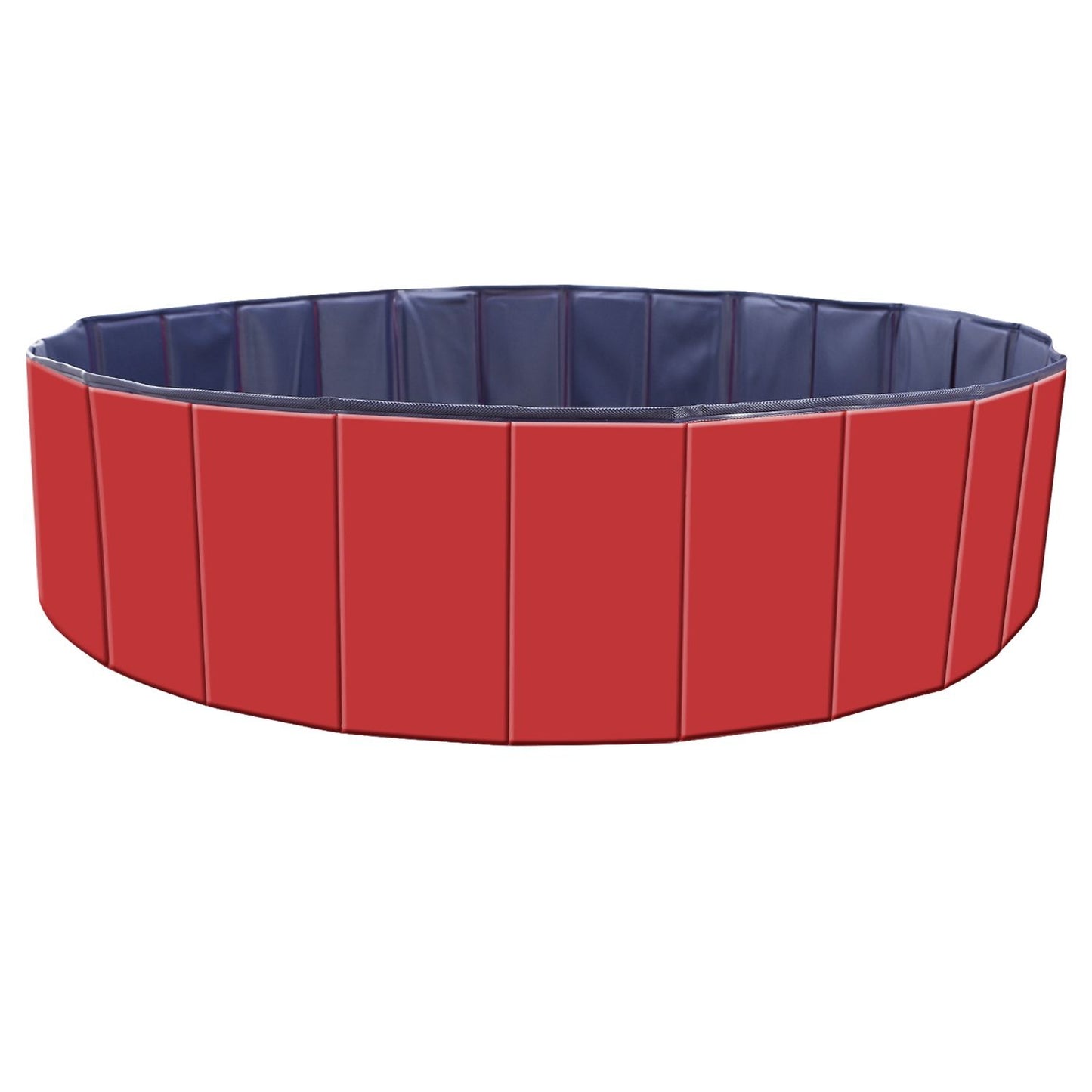 Isolated red foldable pet pool with navy interior on white background