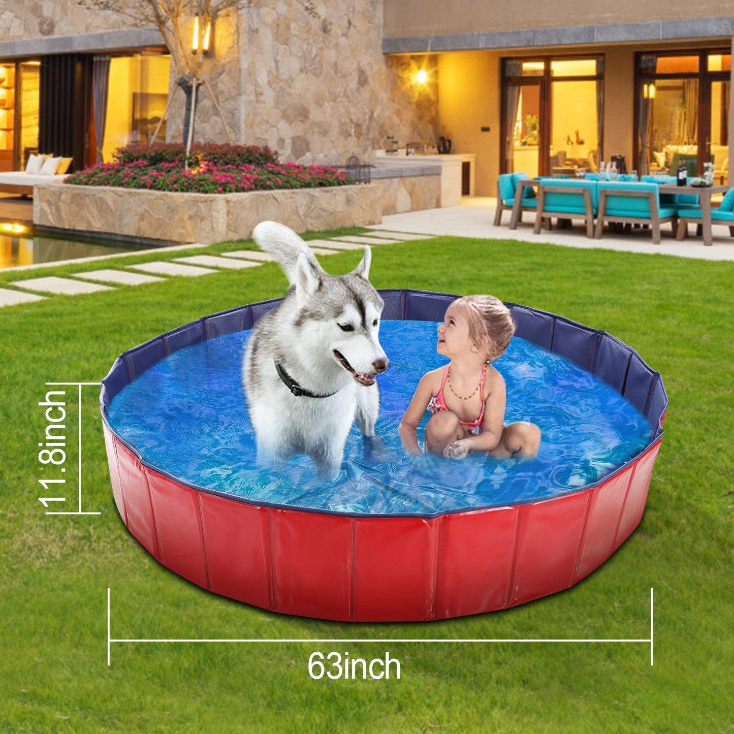 Pool in yard with child and dog showing 63 inch diameter and 11.8 inch wall height measurements