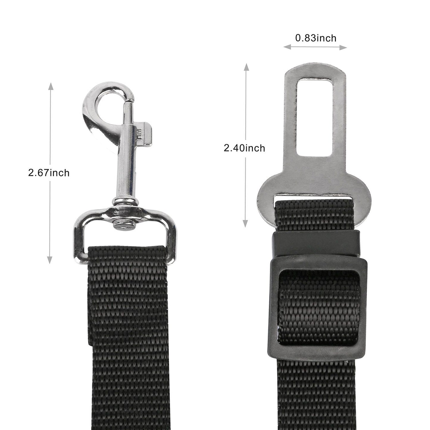 Detailed close-up of swivel carabiner and metal seatbelt tab with dimensional measurements