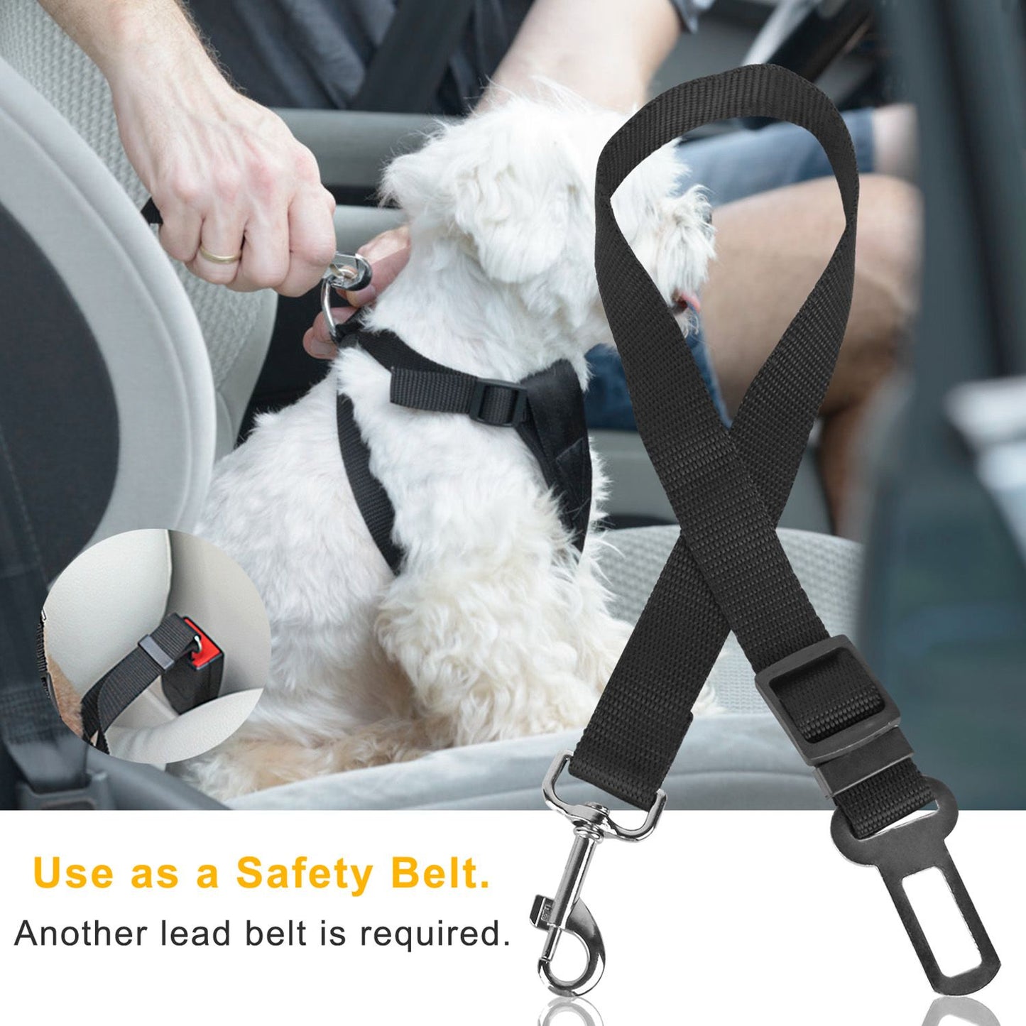 Adjustable black pet seat belt attached to harness on car seat demonstrating swivel tangle-free clip