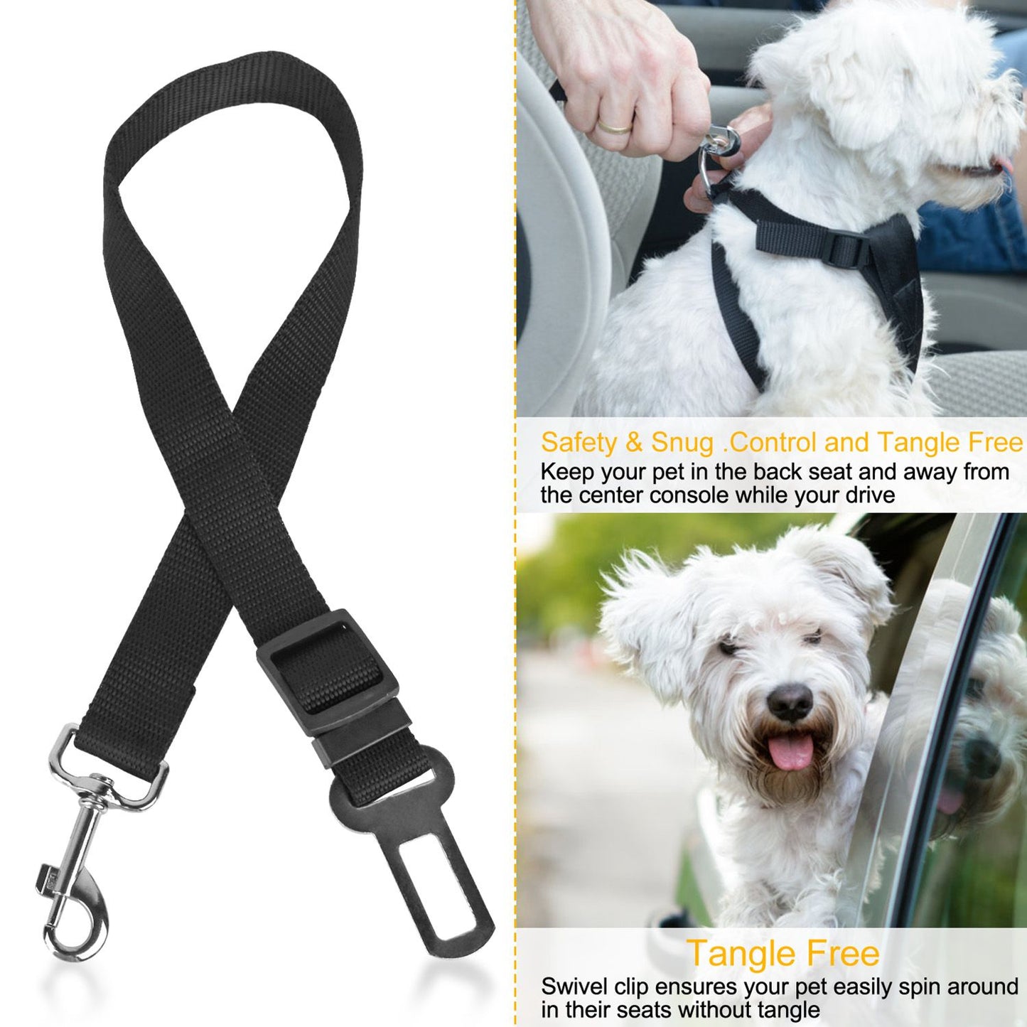 Small white dog in car being clipped to adjustable pet seat belt with swivel carabiner and metal tab
