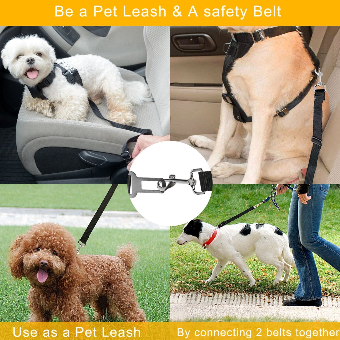 Collage of pet seat belt uses showing attachment in car, harness clip, and connecting two belts to make a leash