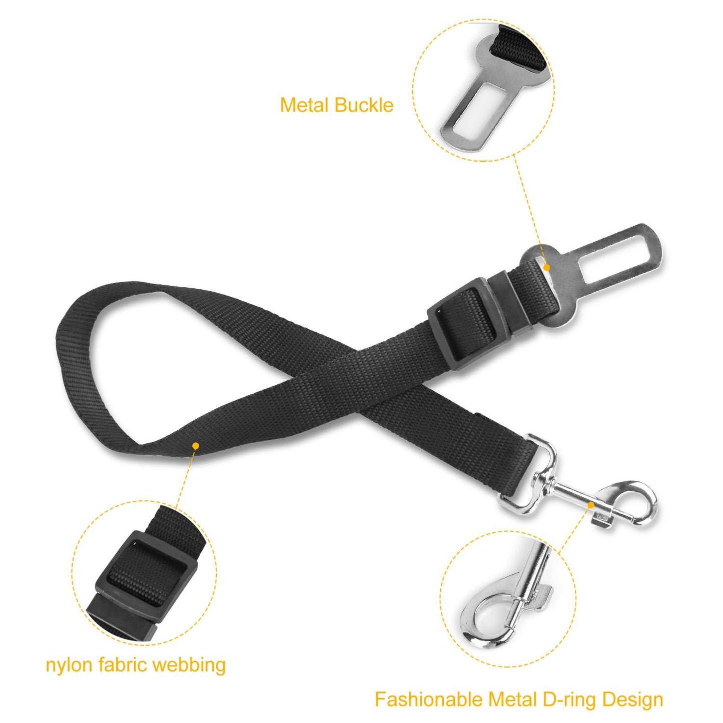 Close-up black nylon pet seat belt strap showing metal buckle, webbing, and swivel carabiner