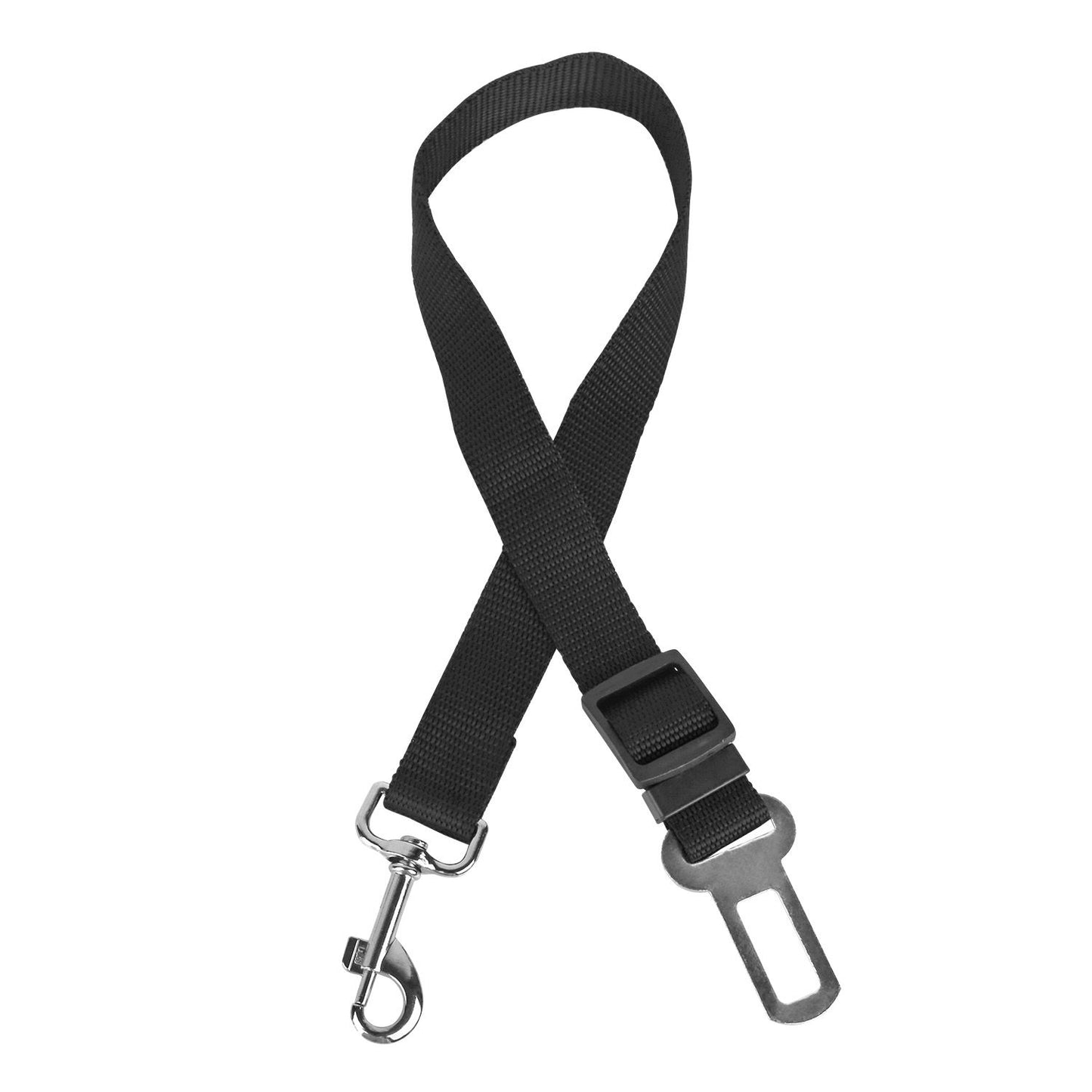Single black adjustable pet seat belt with swivel clip and metal seatbelt tab on white background