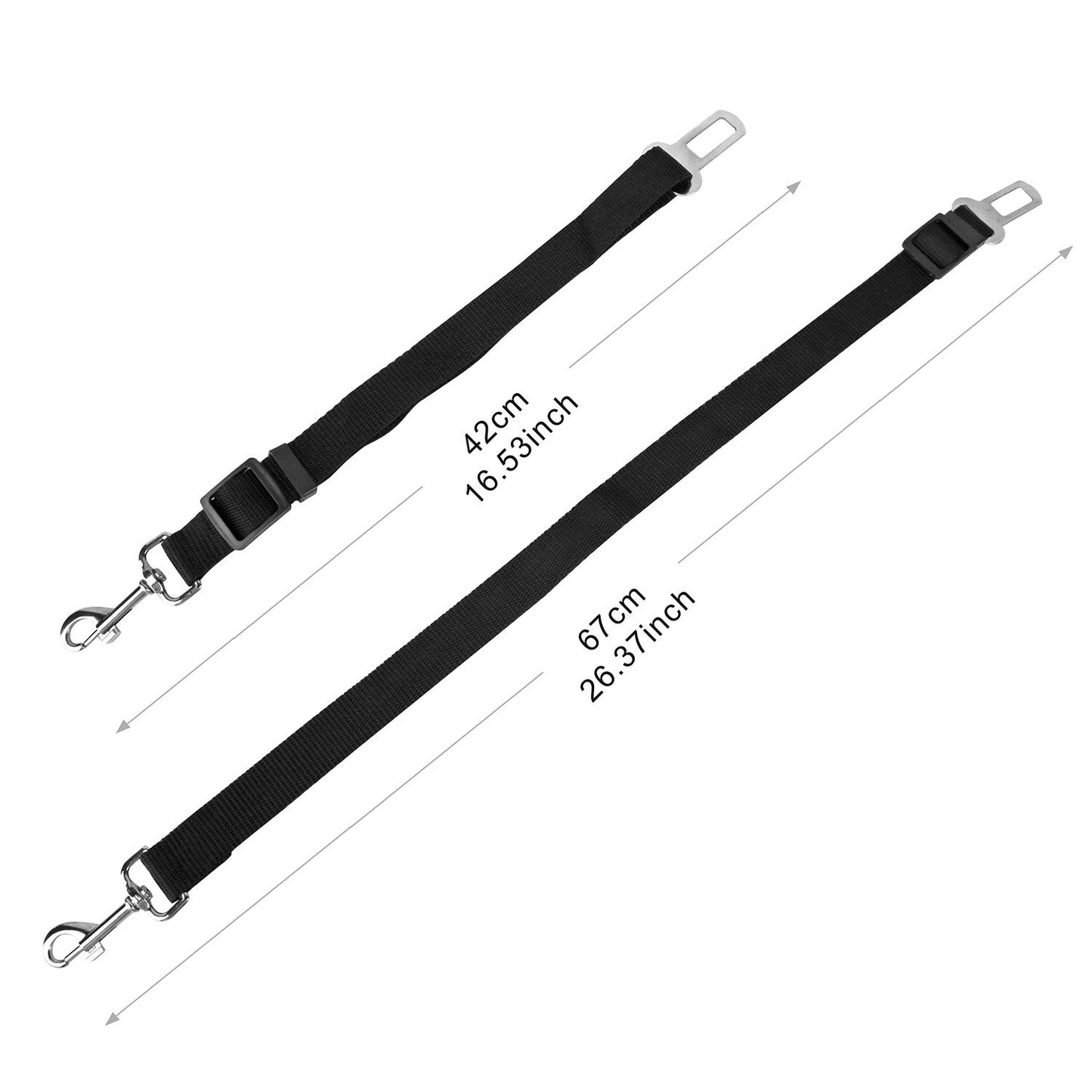 Two black nylon pet seat belts laid flat with measurements 42cm and 67cm and visible carabiner and metal tab