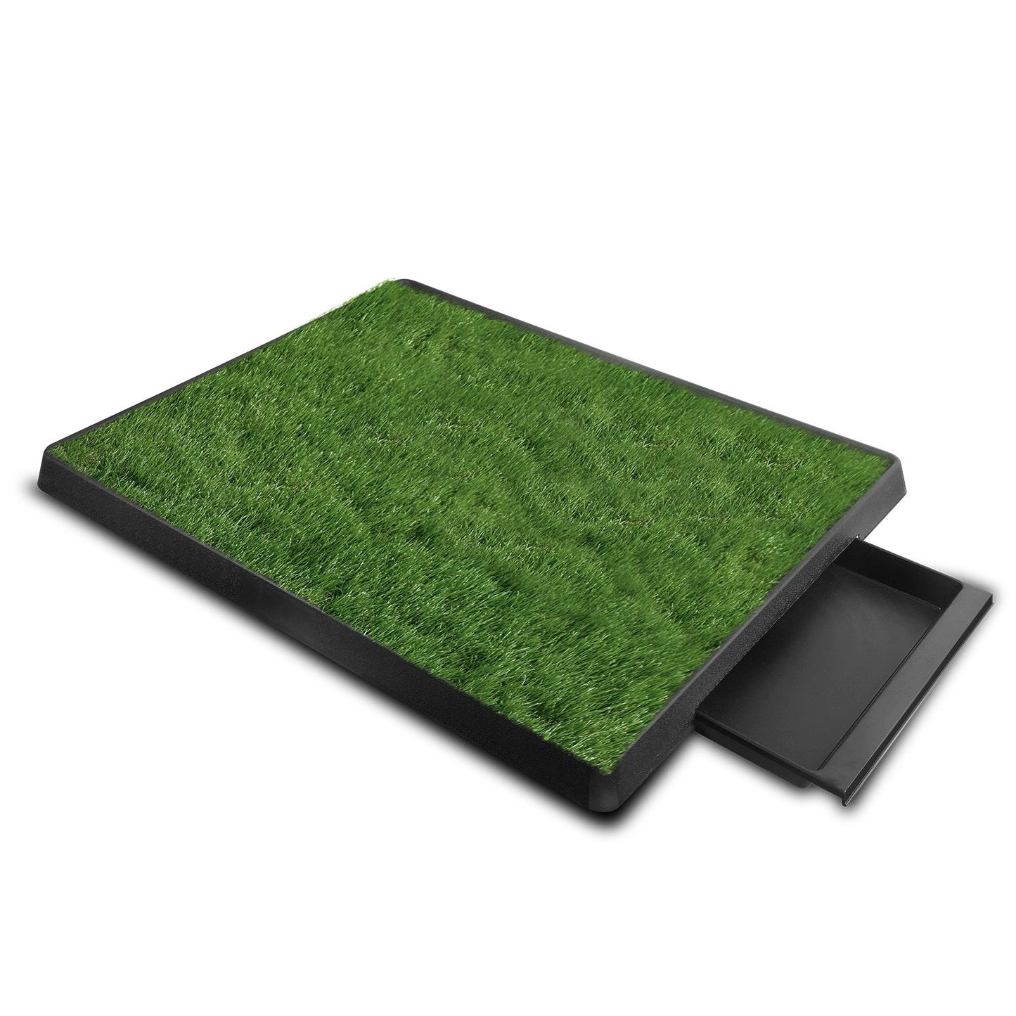 Artificial grass dog potty pad with realistic turf and partially extended removable waste tray