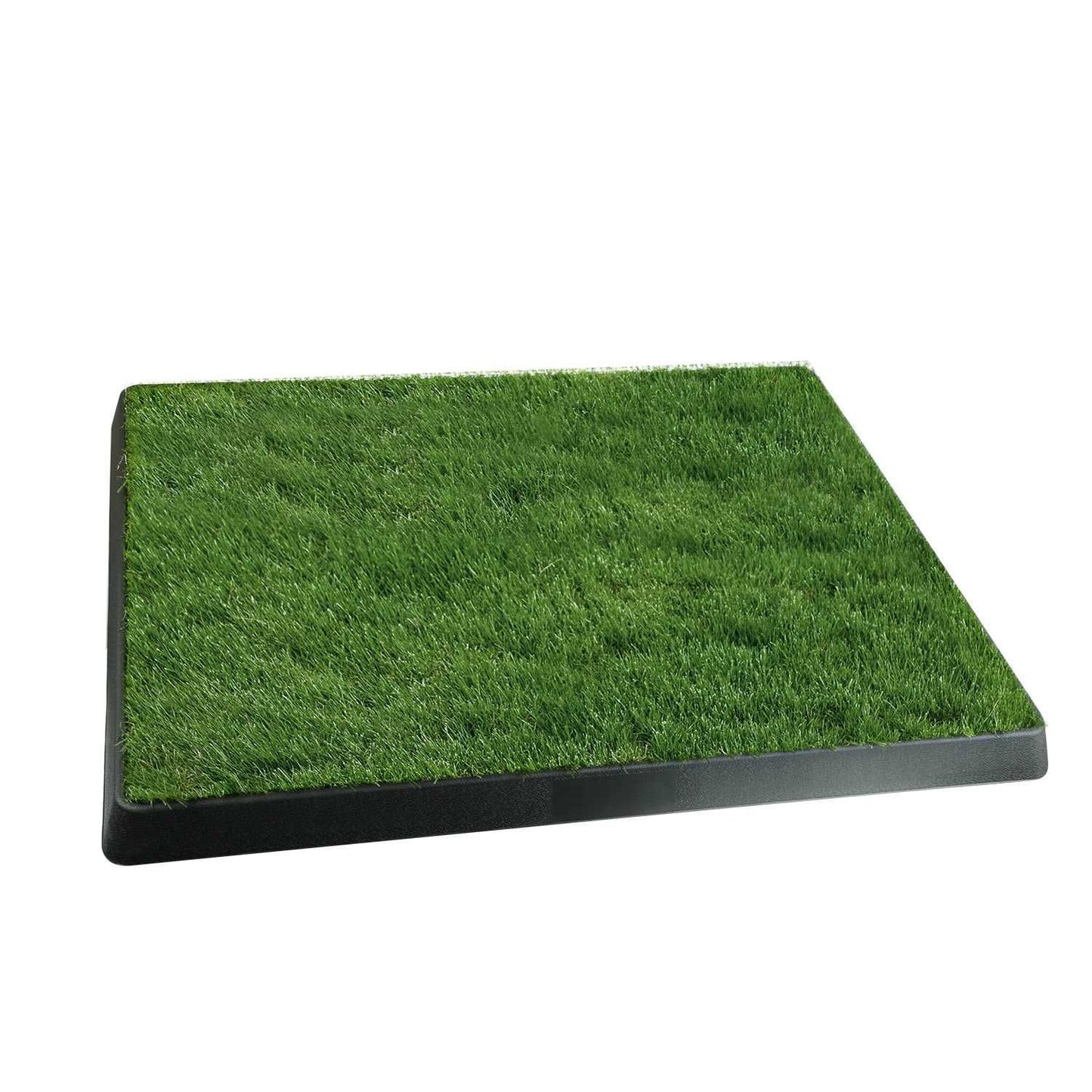 Low-profile front view of artificial grass potty pad with access notch for removable tray