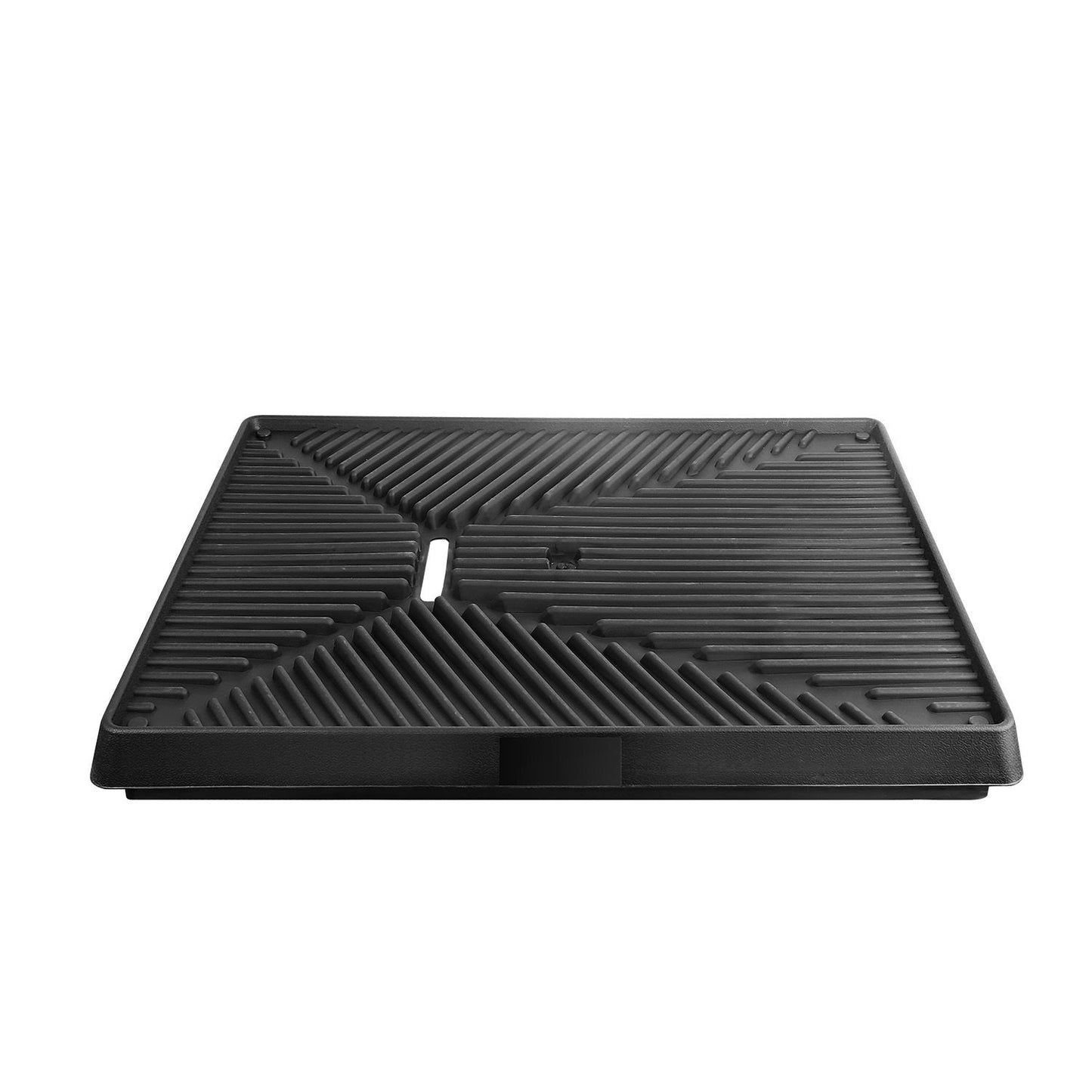 Underside perspective of grid tray showing drainage channels, textured surface, and drawer notch