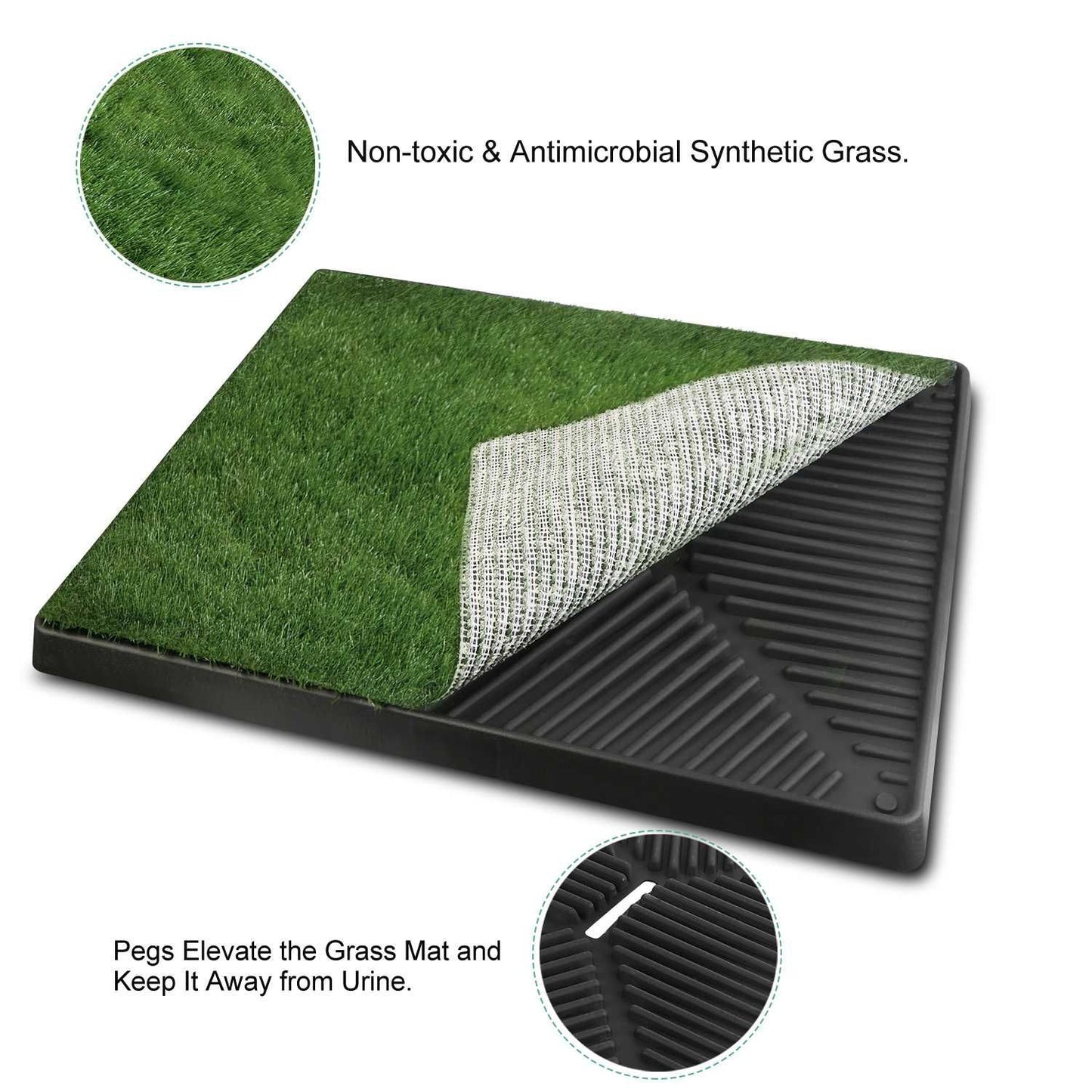Synthetic grass mat partially peeled to show elevated grid tray and pegs that separate turf from waste