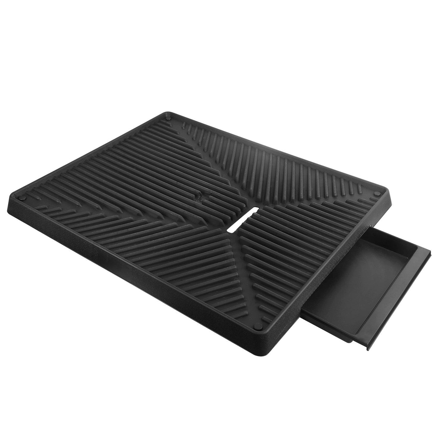 Black grid tray with angled drainage channels and removable waste tray pulled out