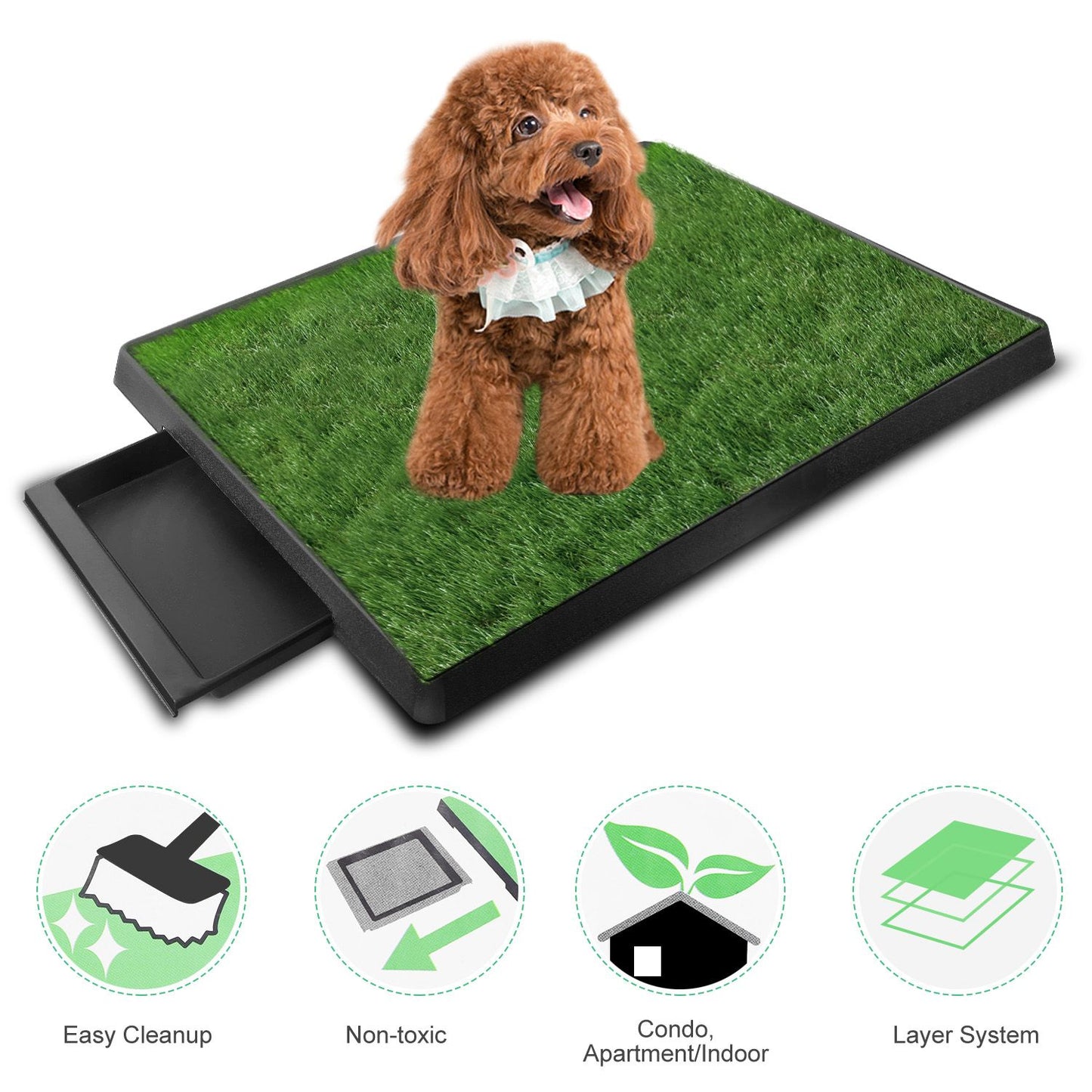 Small dog standing on artificial grass potty with waste tray extended to show scale and use