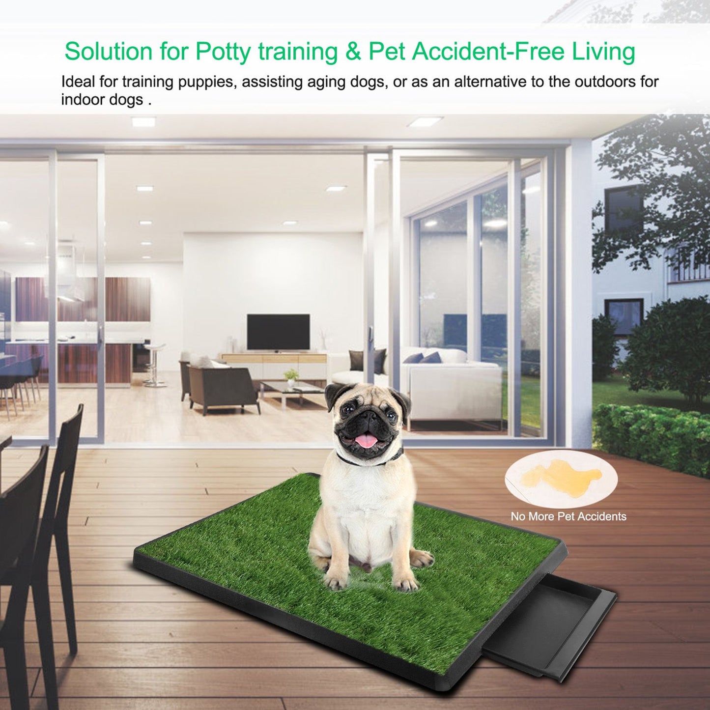 Medium dog sitting on square artificial grass potty pad to show scale and turf surface