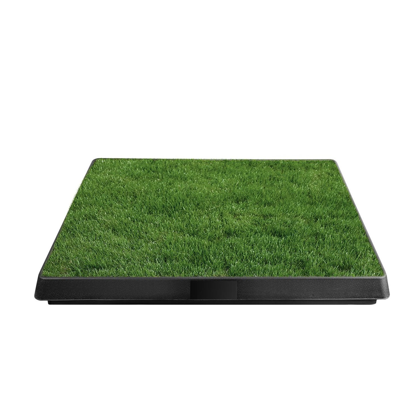 Black plastic grid tray with angled molded ridges and central drainage slot for liquid flow