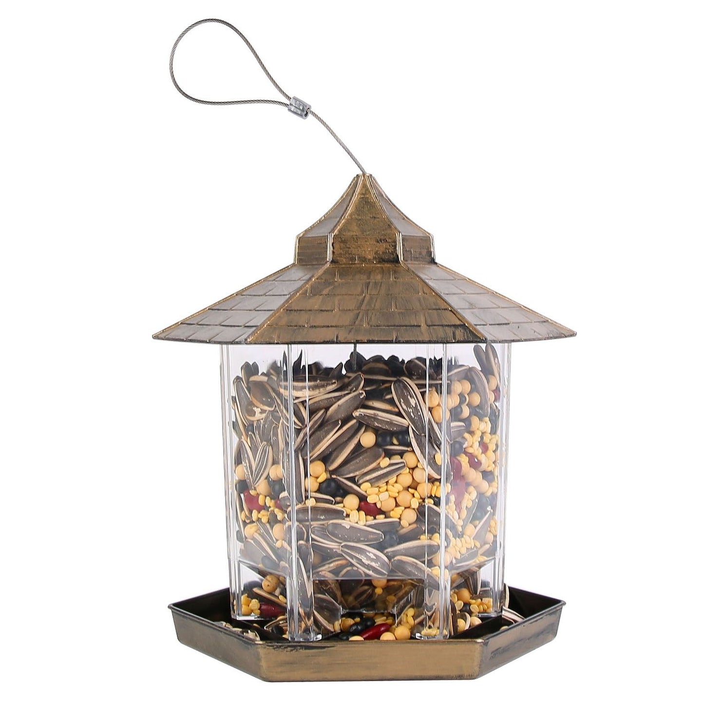 Bronze gazebo bird feeder filled with seed, clear hexagonal body and roof shown on white background