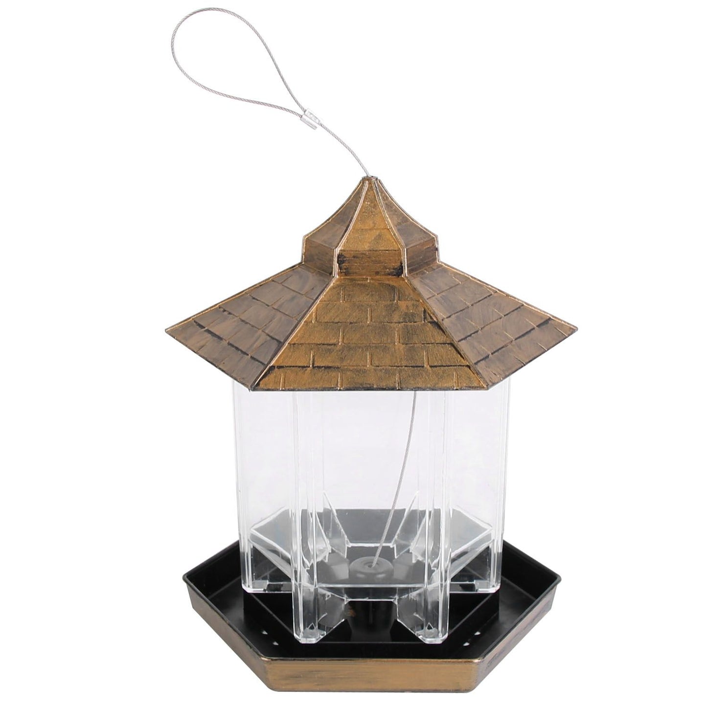 Empty clear-compartment gazebo feeder showing internal dividers, tray base and hanging cable