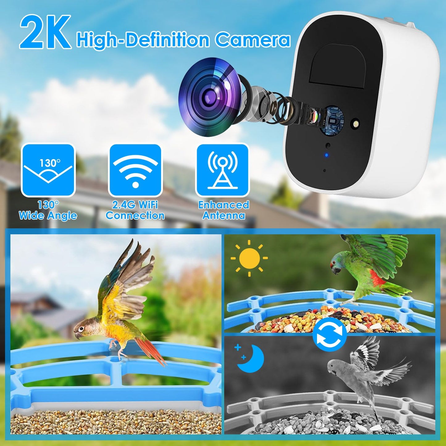 Graphic showing 2K camera features, 130° wide angle, 2.4G WiFi and enhanced antenna icons