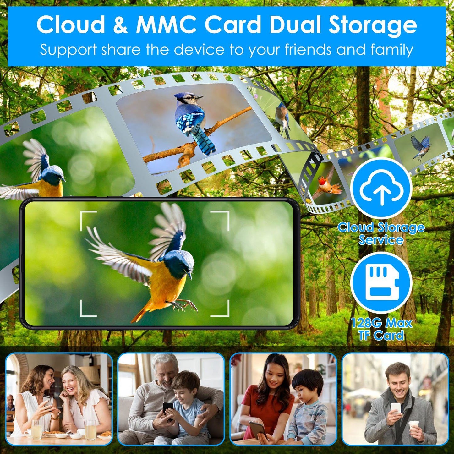 Cloud and MMC card dual storage graphic with smartphone playback and filmstrip imagery