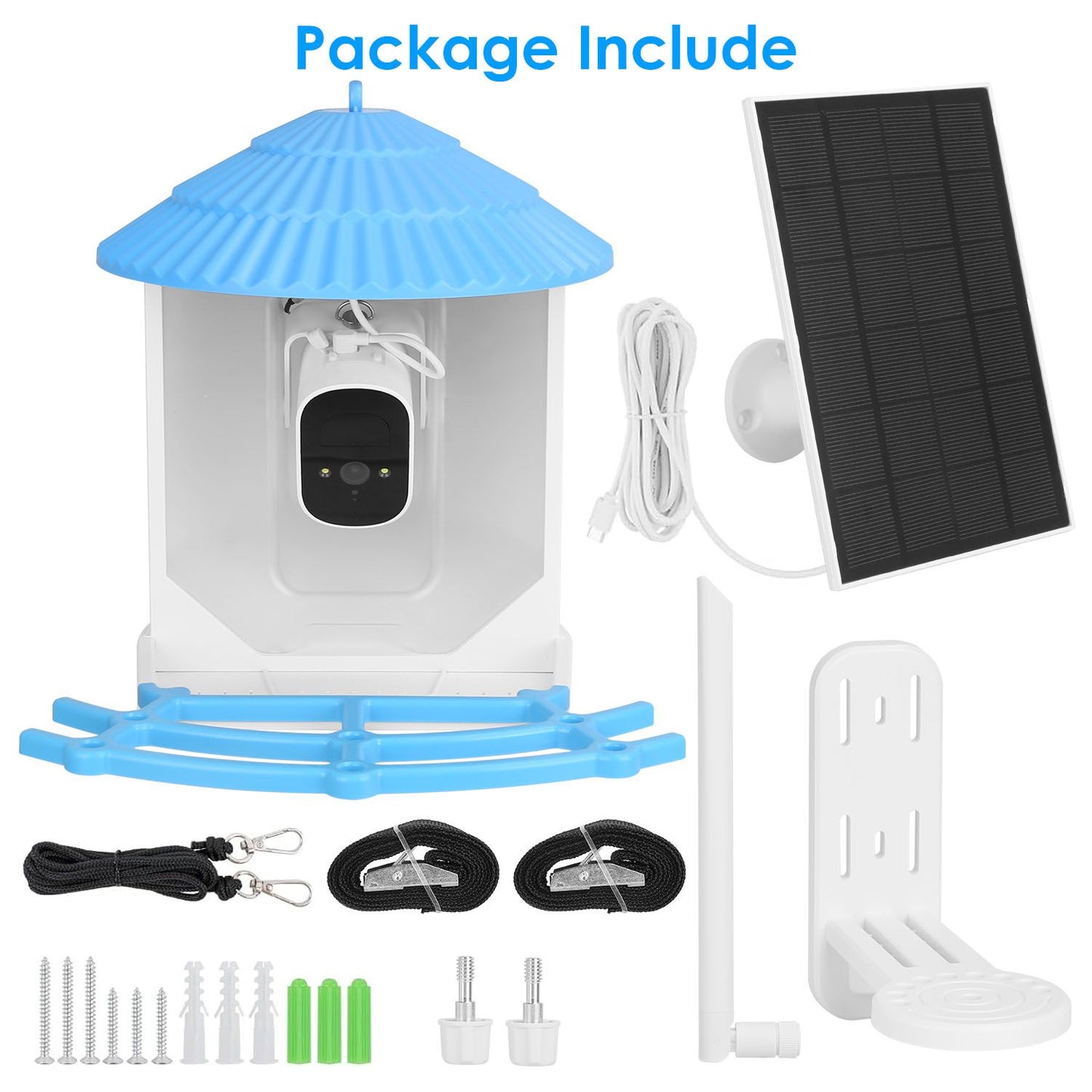 Package contents laid out: feeder, solar panel, antena, mount, perch, straps, screws and cables