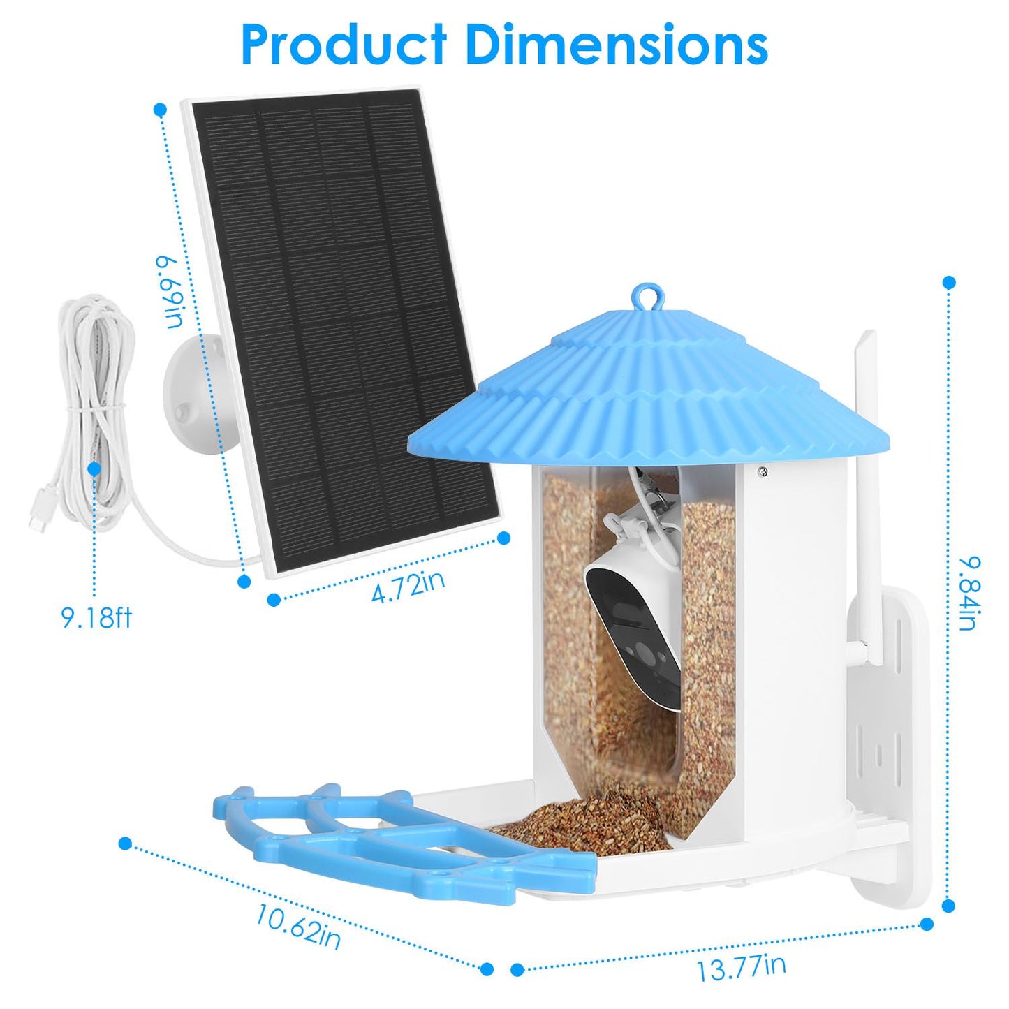 Product dimensions diagram with measurements for feeder, perch and solar panel