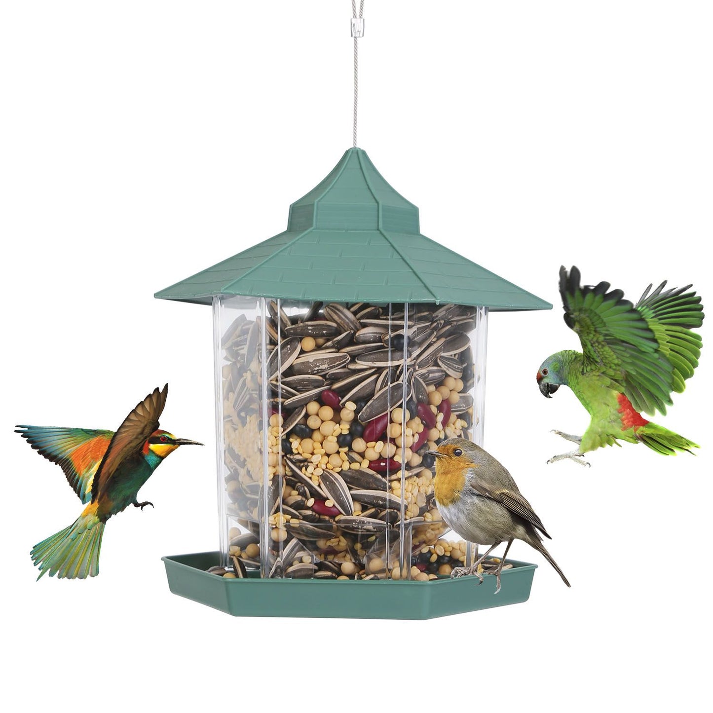 Green-roof gazebo bird feeder filled with seed and birds, clear reservoir and hanging cable visible