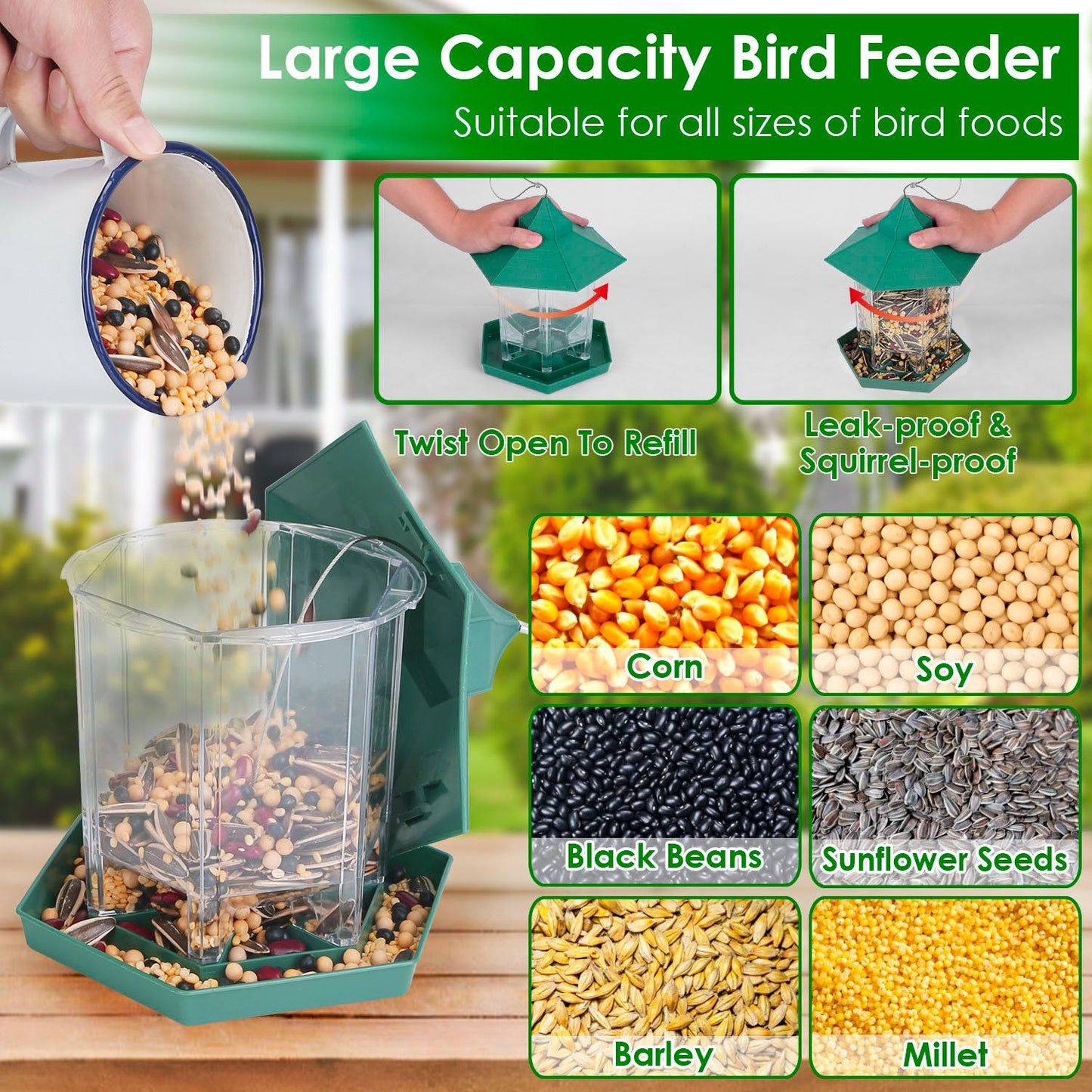 Graphic showing twist-open refill, seed types and the gazebo feeder large capacity