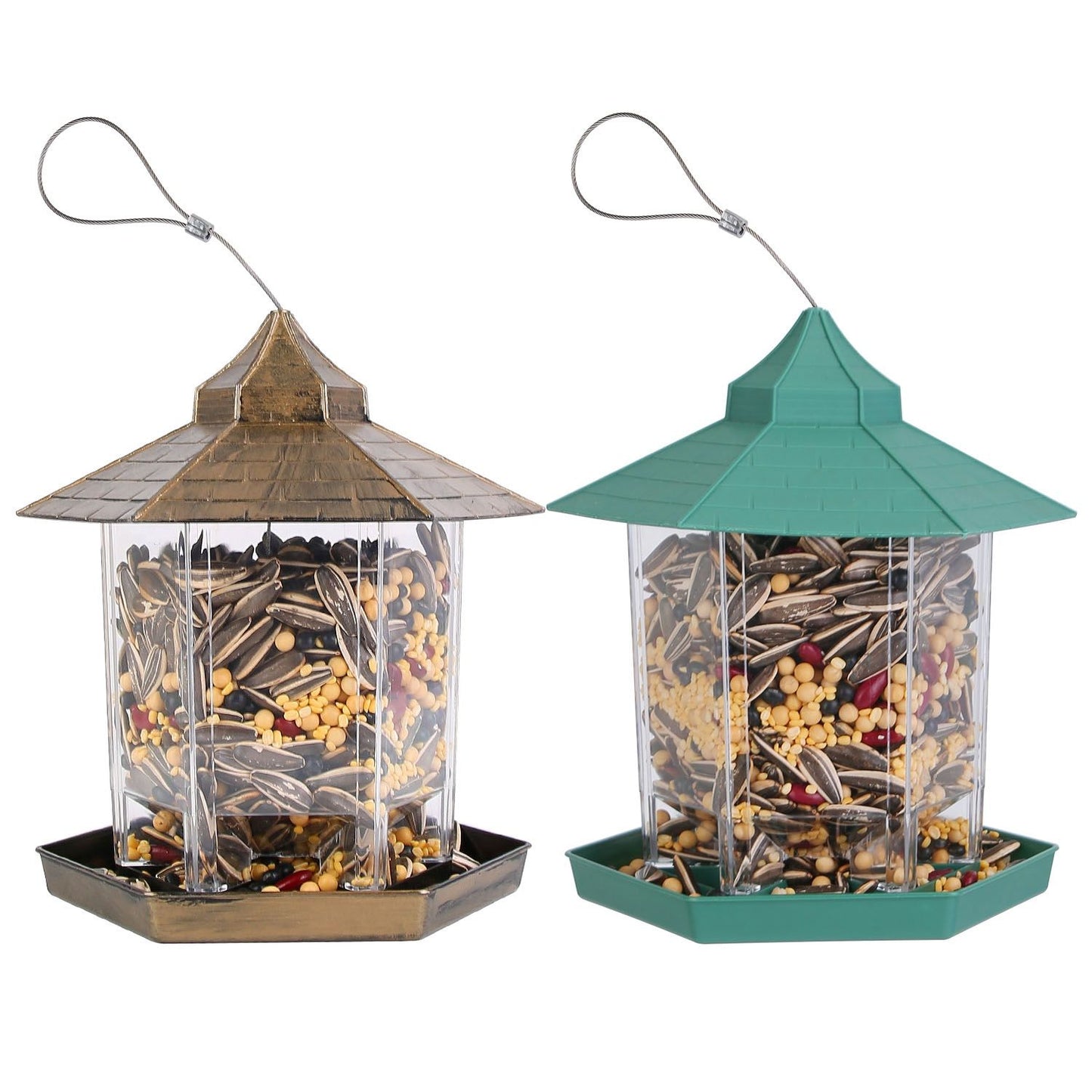 Side-by-side bronze and green gazebo bird feeders filled with seed showing color options